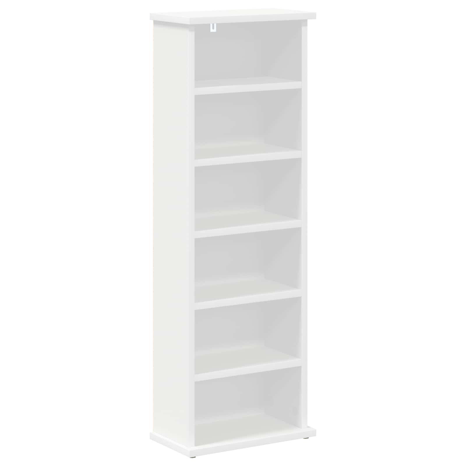 Hohes weißes Bücherregal oder Schrank mit sechs Regalen, leer auf einfachem Hintergrund dargestellt.