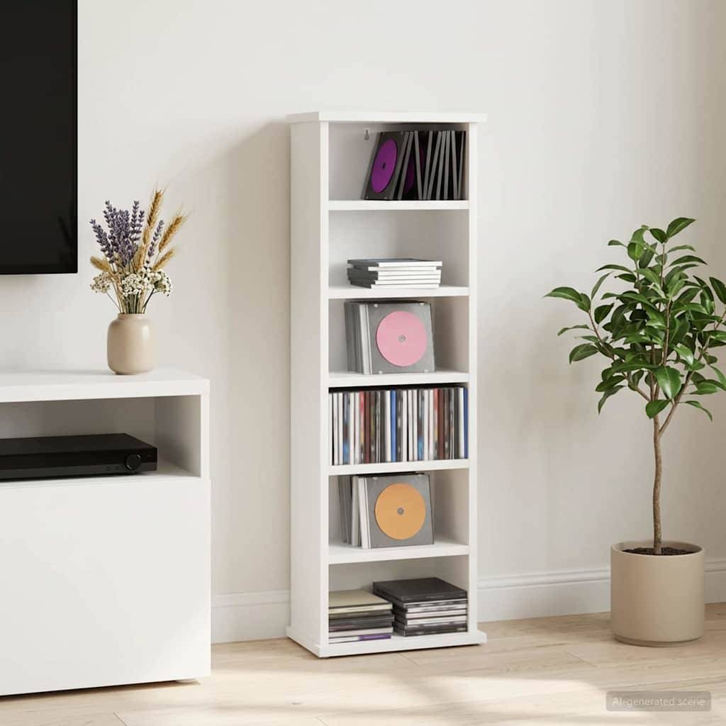 Minimalistisches Wohnzimmer mit einer weißen Regaleinheit, die Schallplatten und Bücher enthält, einem Fernsehtisch mit einer Vase getrockneter Blumen und einer Topfpflanze.