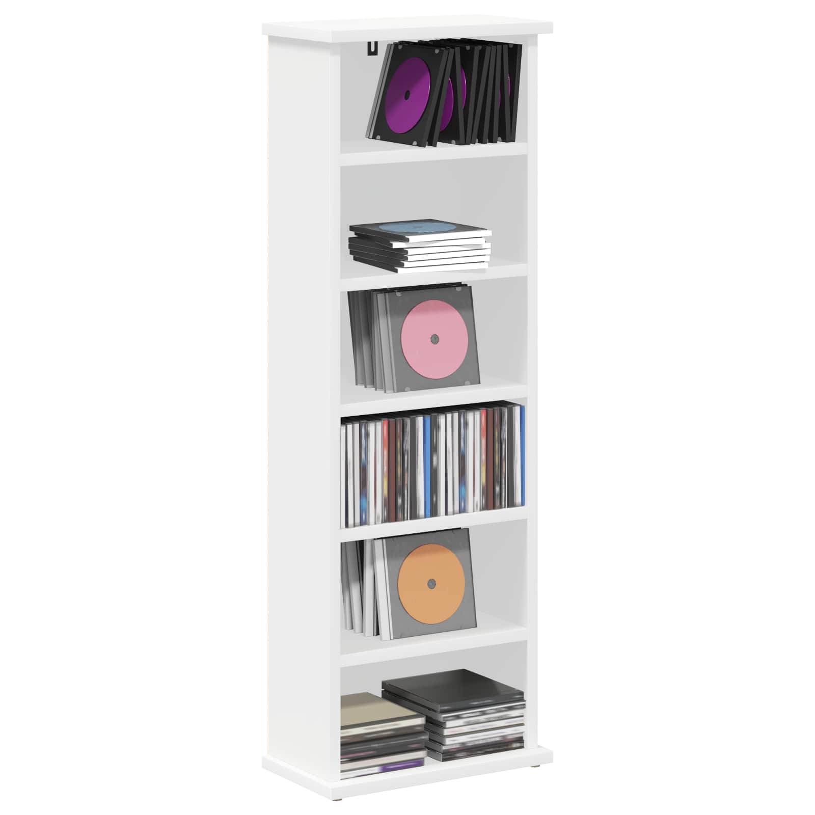 Weißes Regalmodul gefüllt mit Stapeln von CDs, DVDs und Schallplattenhüllen, mit farbenfrohen Disc-Etiketten auf mehreren Regalbrettern sichtbar.