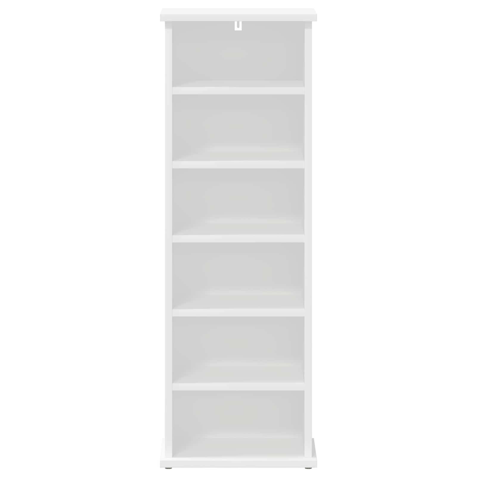 Weißer sechsstöckiger offener Lagerschrank oder Bücherregal, hoch und schmal, in Vorderansicht auf einfachem Hintergrund dargestellt.