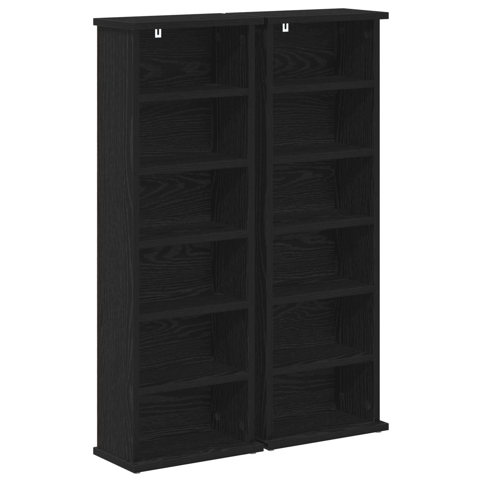 Schwarzes Holzregal oder Schrank mit zwei hohen offenen Regalbereichen und einer flachen Oberseite