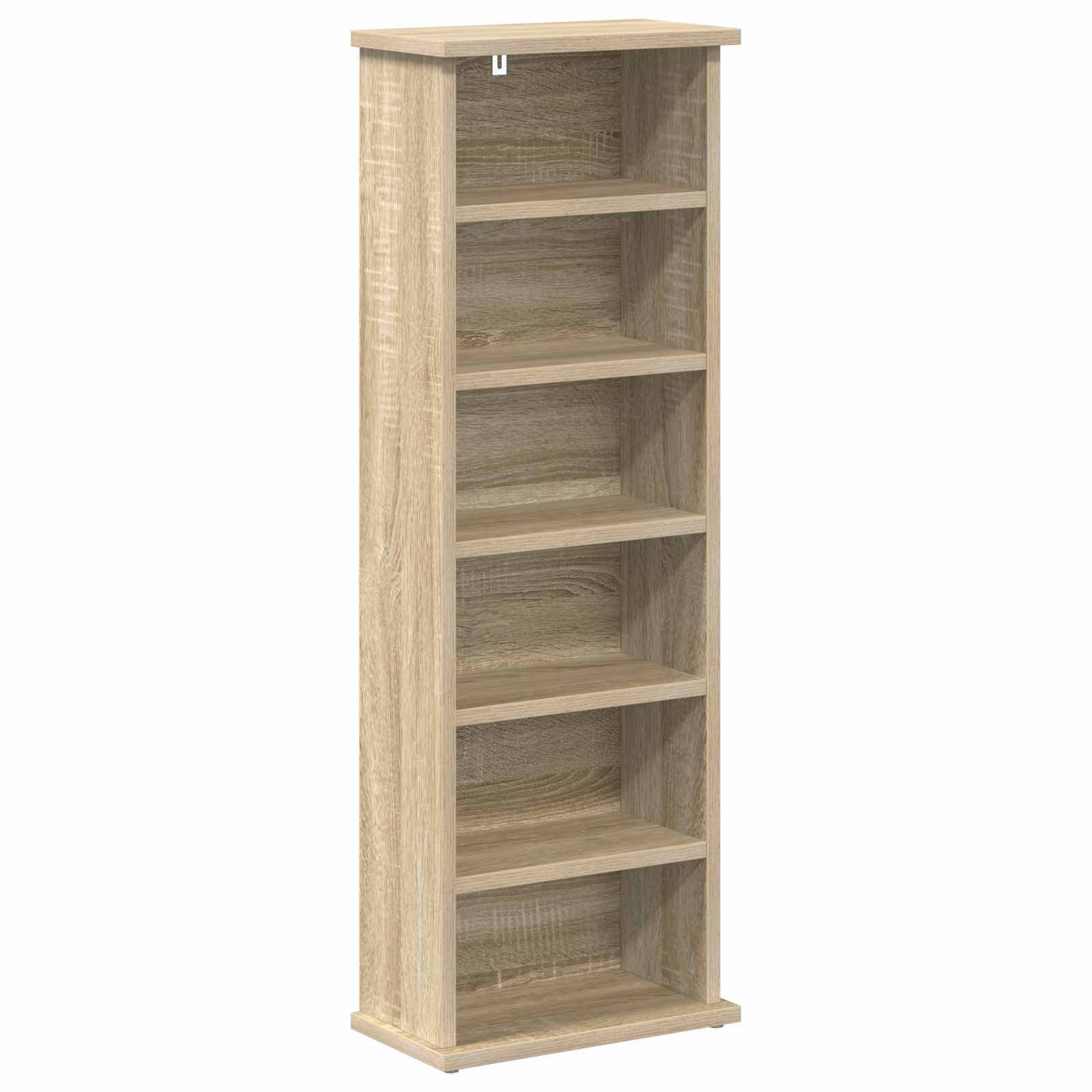 Hohes Bücherregal aus hellem Holz mit sechs offenen Regalen, leer vor weißem Hintergrund dargestellt.