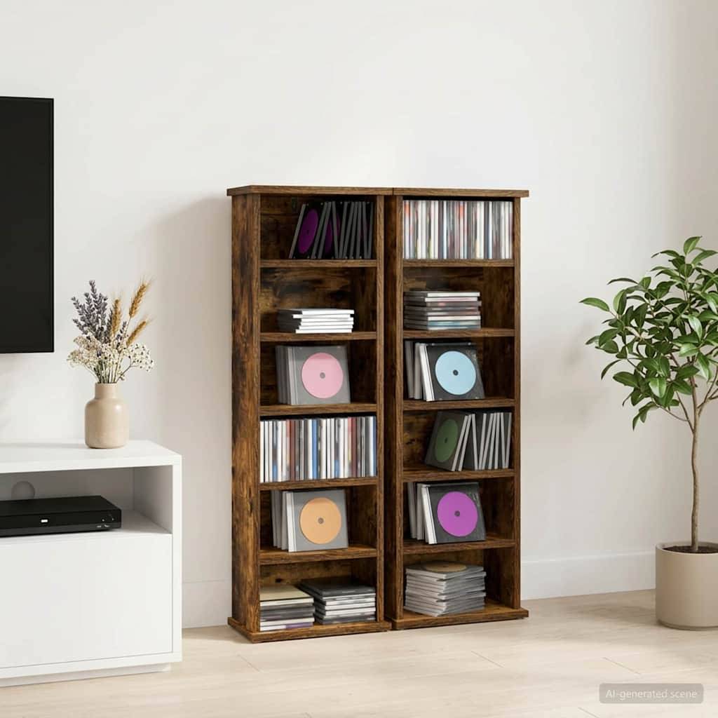 Holzregal gefüllt mit Schallplatten und Büchern in einem minimalistischen Wohnzimmer, neben einem Fernsehtisch und einer Topfpflanze.