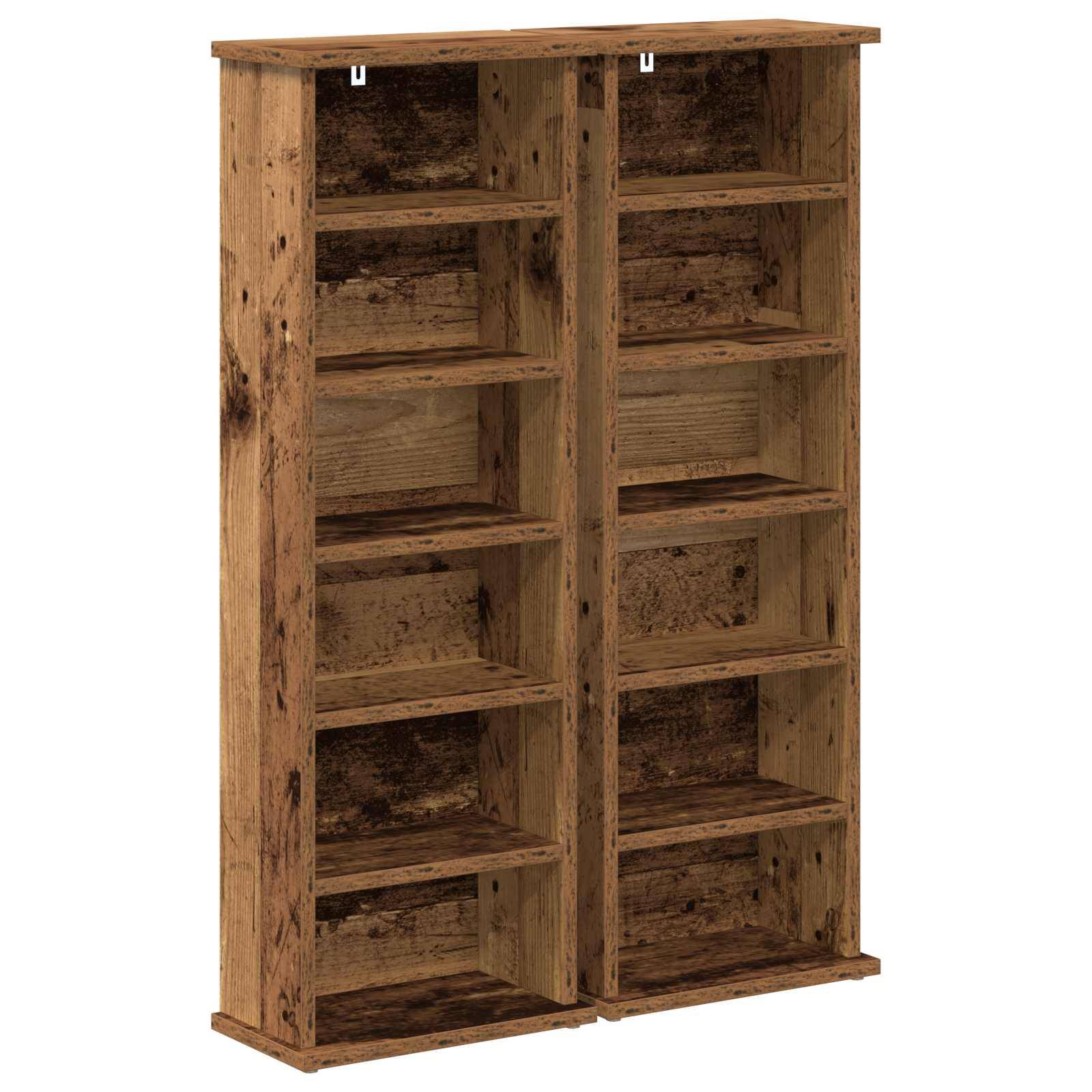 Holzschrank mit zwei Regalen und offenen Fächern, Vorderansicht auf weißem Hintergrund.