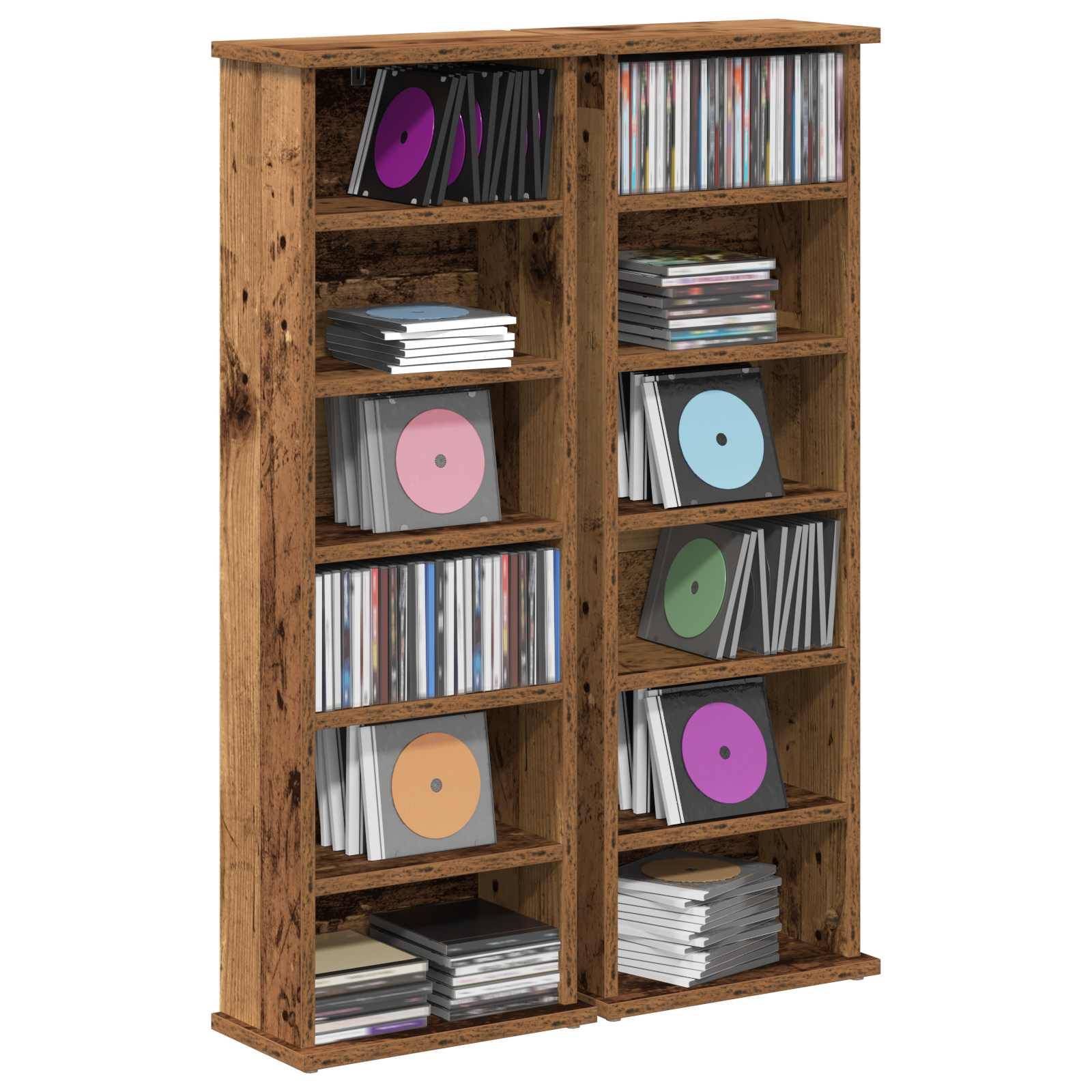 Holzernes CD-Lagerschrank mit mehreren Regalen, die Reihen von Schmuckkästchen und Stapel von Discs enthalten.
