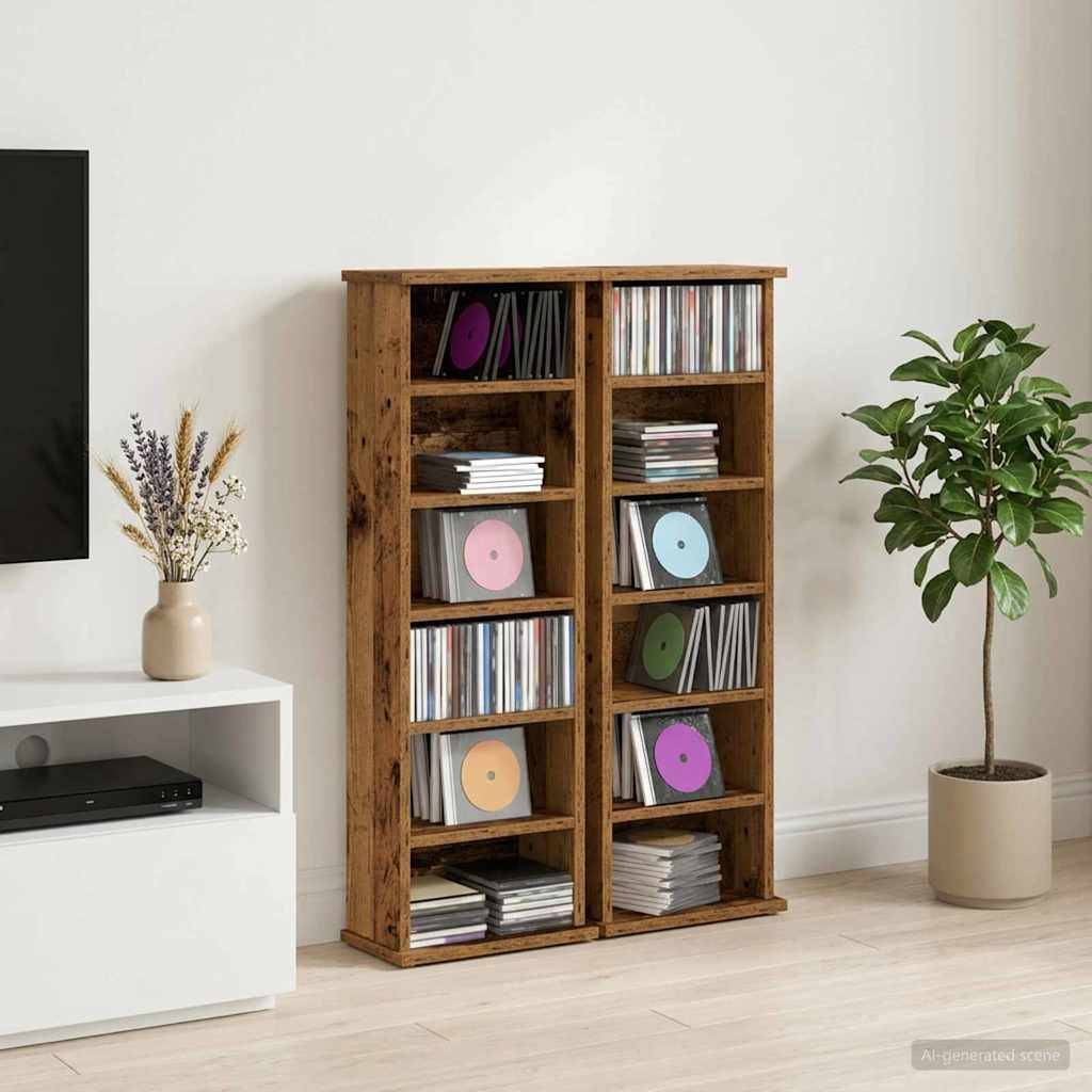 Holzregal gefüllt mit Schallplatten und Büchern in einem minimalistischen Wohnzimmer, mit einem TV-Ständer, einer Vase mit Trockenblumen und einer Topfpflanze.