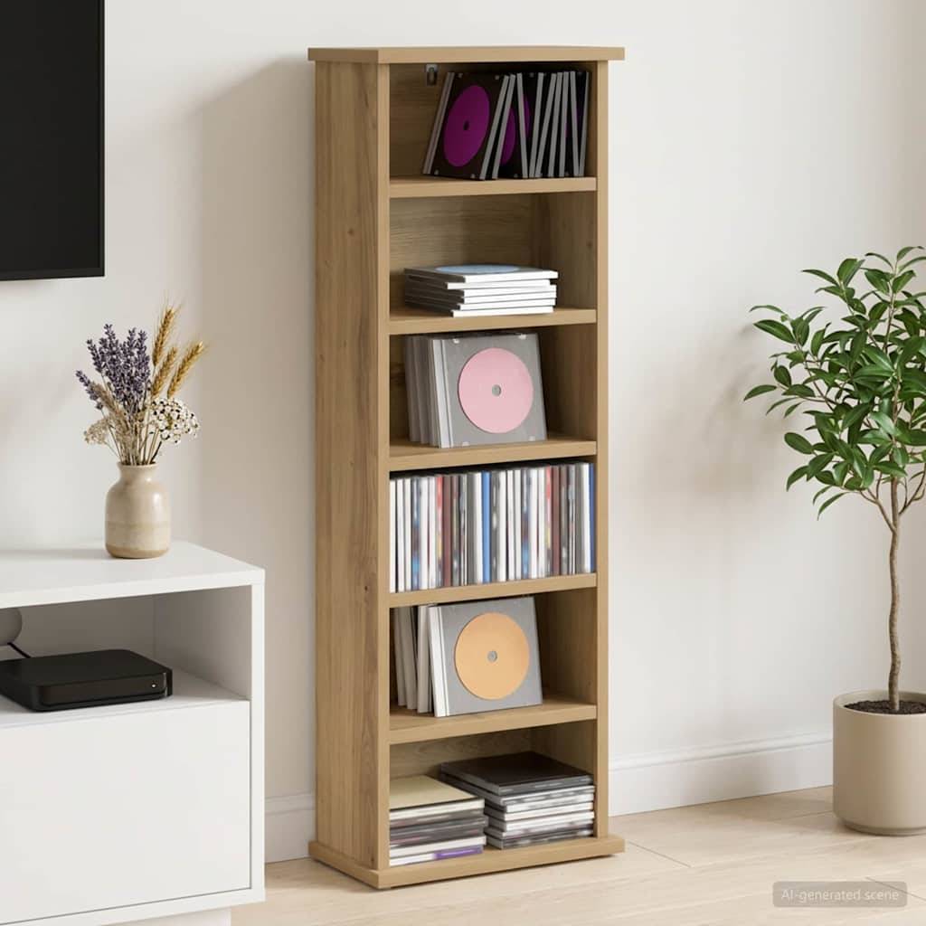 Hohes Holz-CD-Regal gefüllt mit Schallplatten und gestapelten Discs in einem minimalistischen Wohnzimmer, neben einem weißen TV-Ständer und einer Topfpflanze.