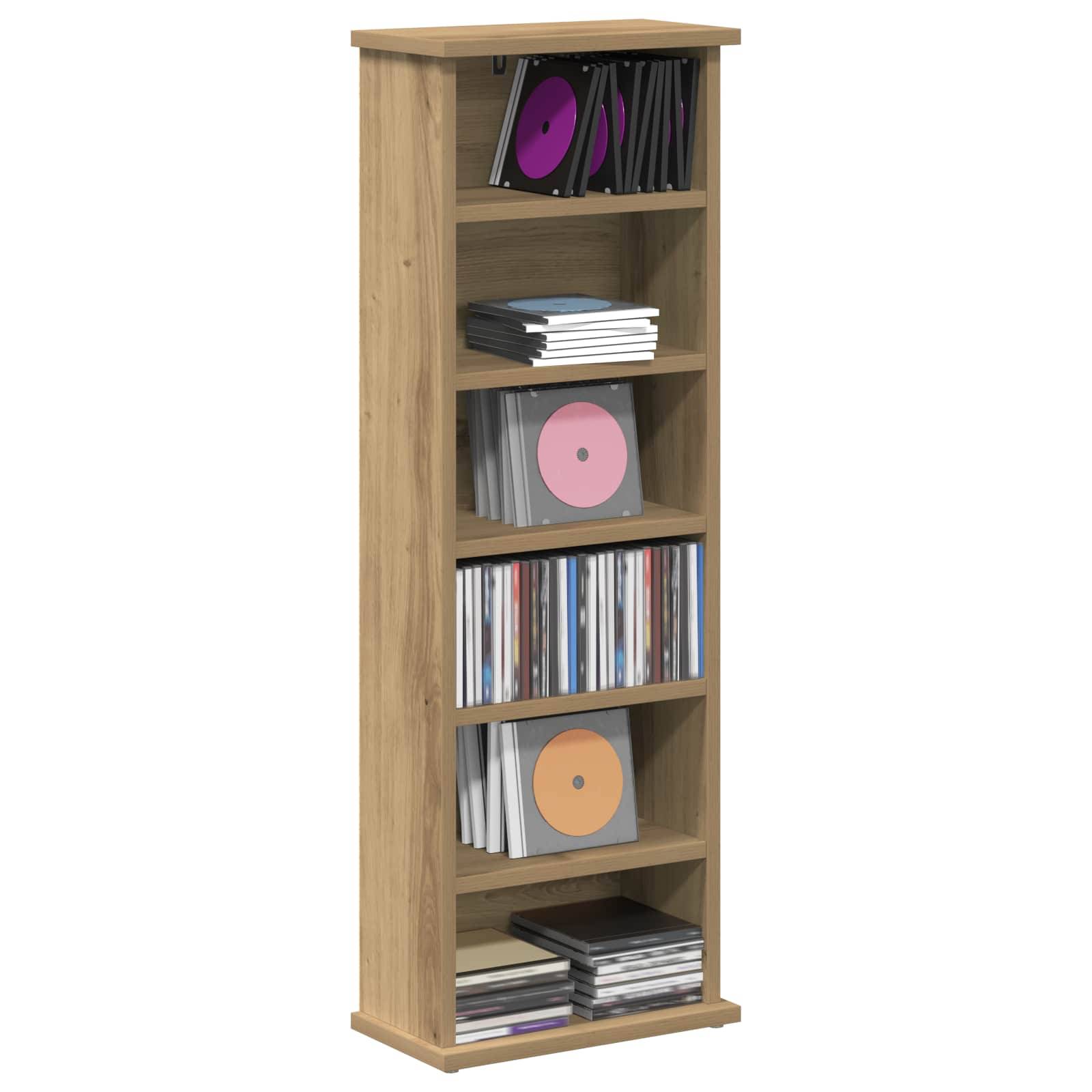 Holzmedienregal gefüllt mit CDs und Hüllen, mit Reihen von Discs und Stapeln von Schmuckboxen auf mehreren Regalen.