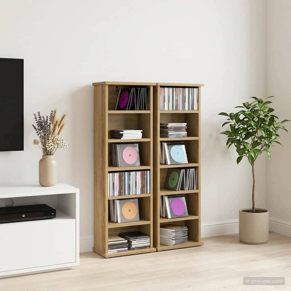 Minimalistisches Wohnzimmer mit einem hölzernen CD-Regal gefüllt mit Schallplatten, einer Topfpflanze und einem TV-Ständer vor einer weißen Wand.