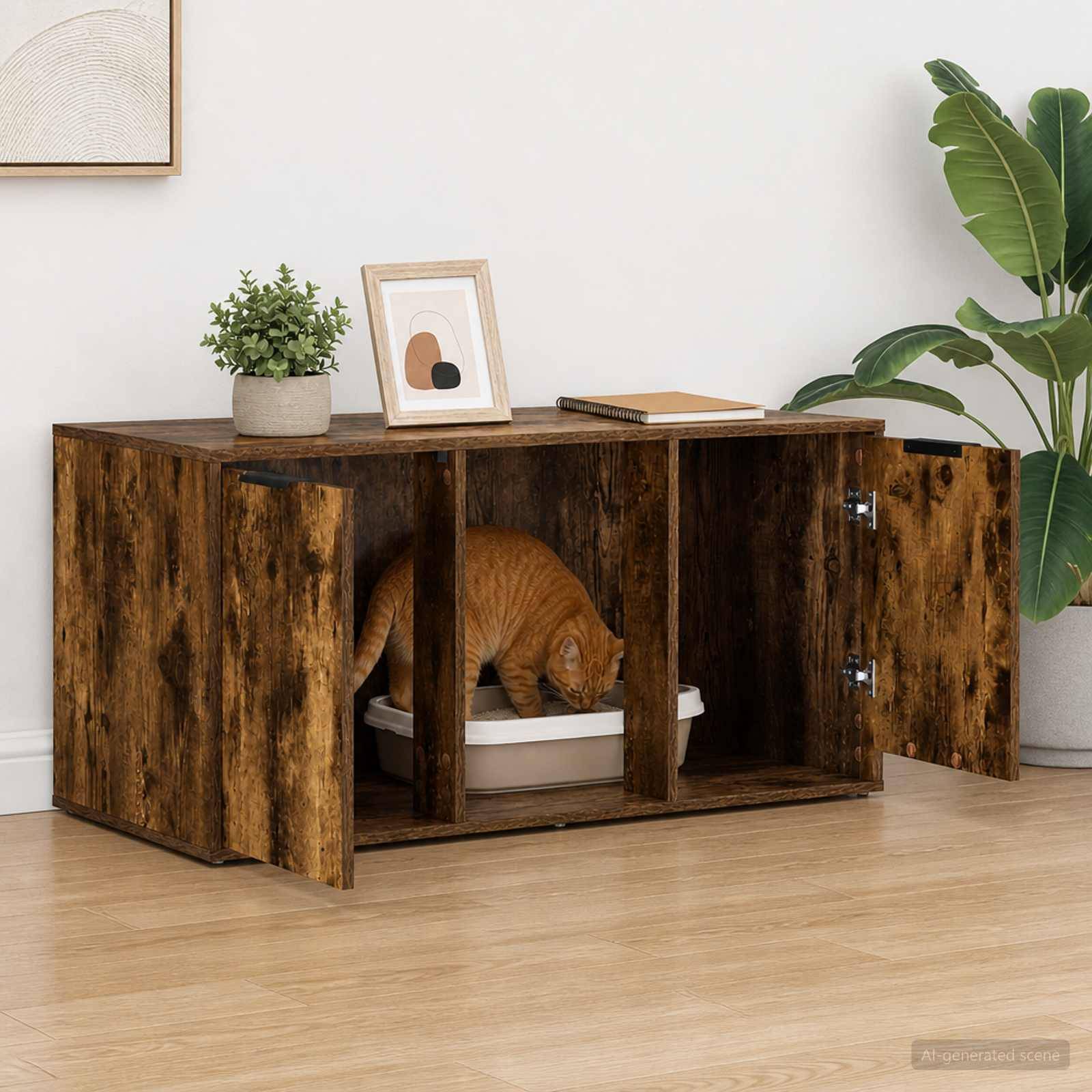 Katze, die sich in einem Katzenstreu-Schrank mit offenen Holztüren versteckt, in einem modernen Zimmer mit Pflanze und Dekoration auf der Oberseite.