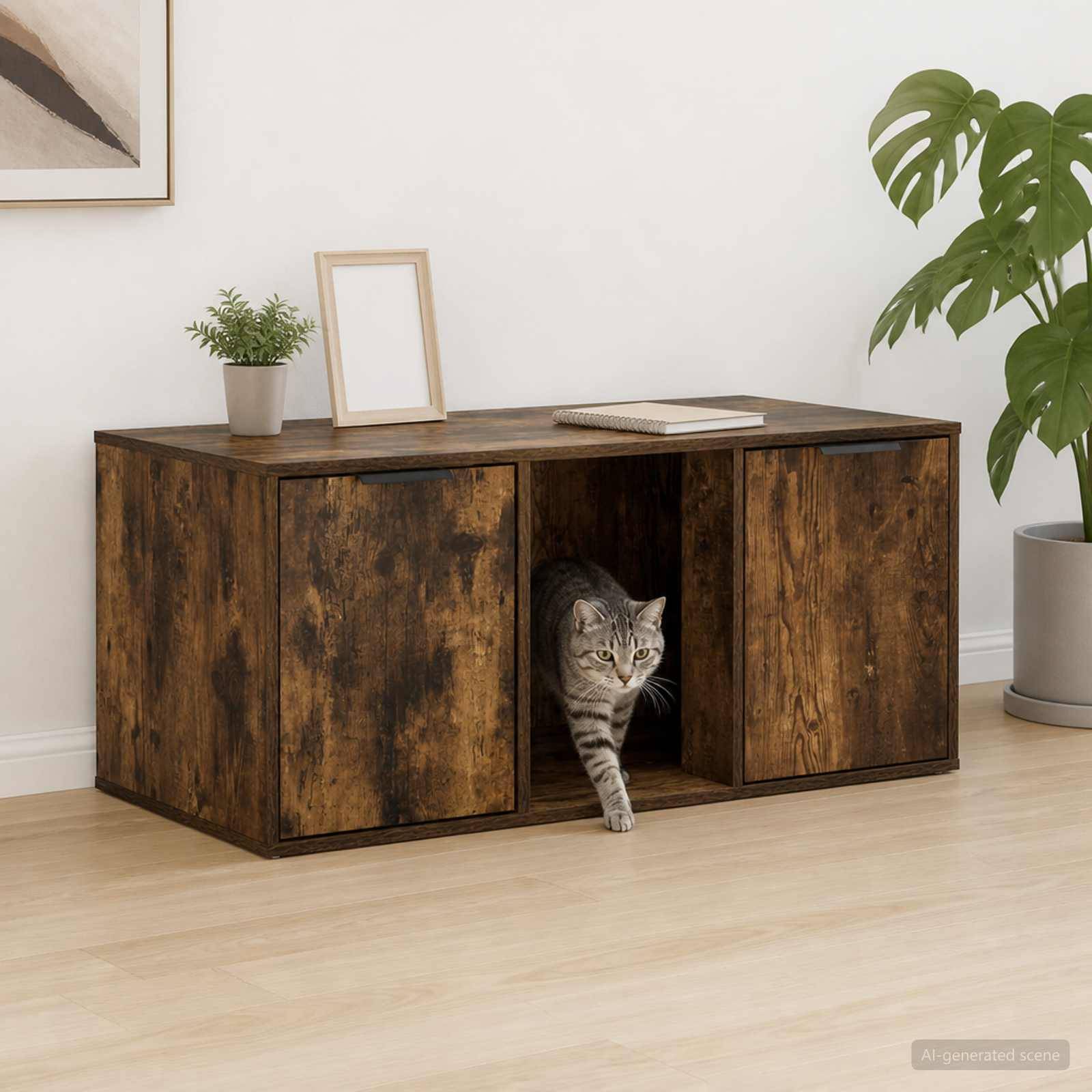 Eine Tabby-Katze tritt aus einem Fach in einem rustikalen Holzschrank hervor, der als Beistelltisch verwendet wird, mit Pflanzen und einem Rahmen oben darauf.