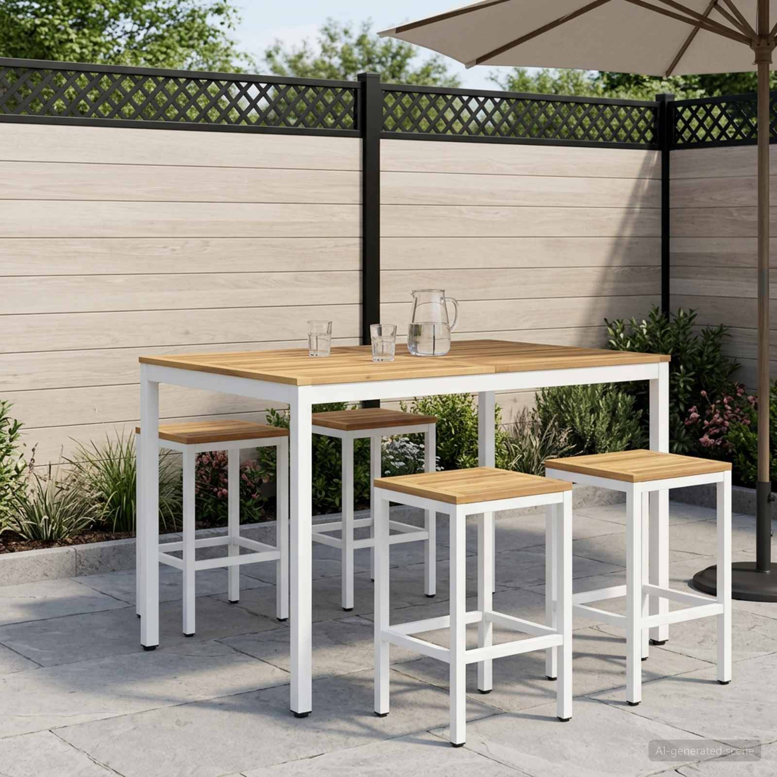 Outdoor-Esszimmergarnitur mit rechteckigem Holztisch, vier Hockern und einem Sonnenschirm neben einem Sichtschutzzaun und Pflanzen.