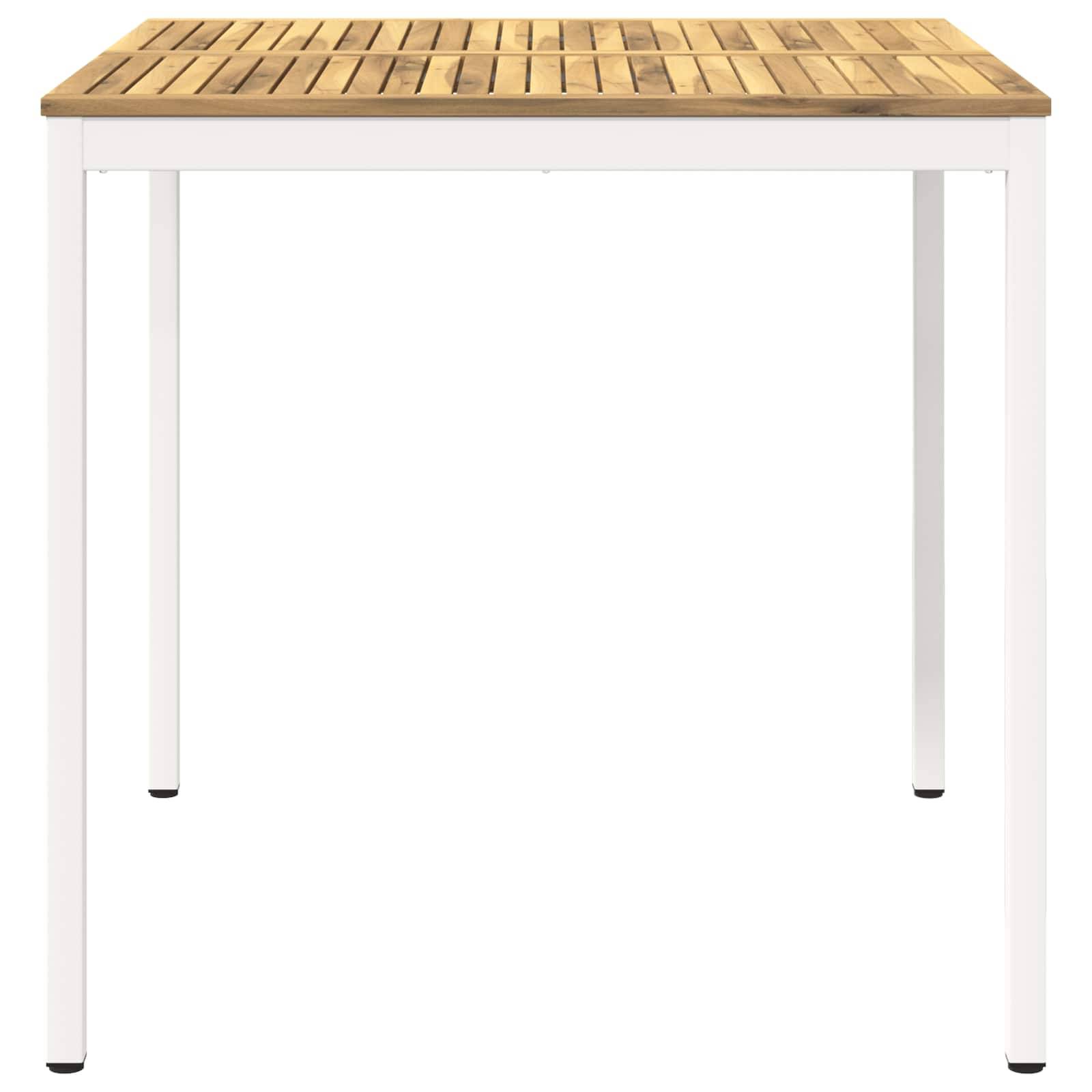 Tisch mit Holzplatte und weißen Beinen, auf weißem Hintergrund dargestellt.