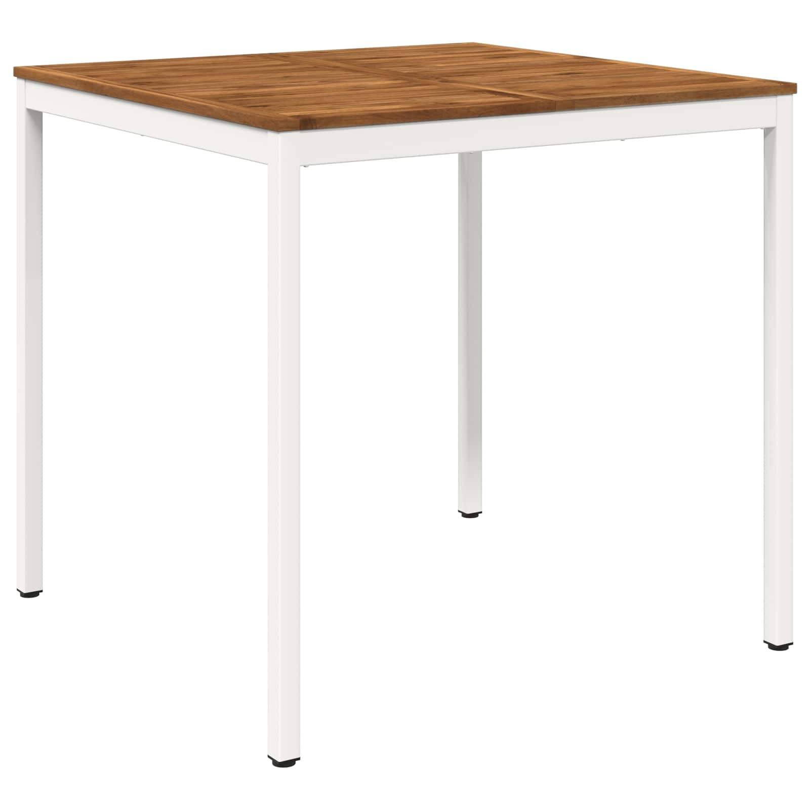 Quadratischer Tisch mit einer Holzmaserung-Oberfläche und weißen Beinen auf einem neutralen Hintergrund.