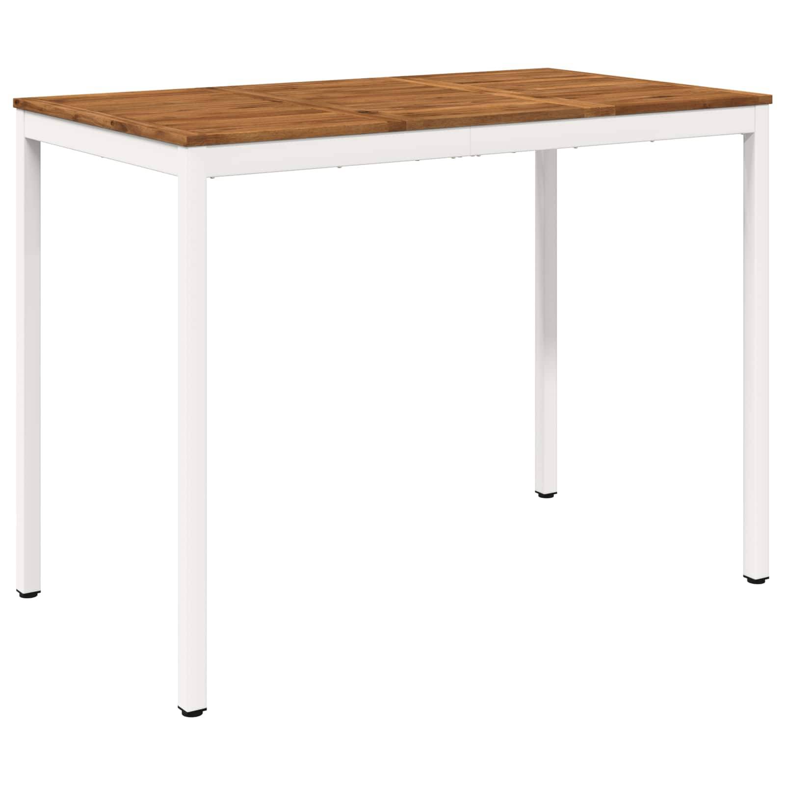 Moderner rechteckiger Tisch mit Holzplatte und weißen Metallbeinen auf einfachem weißem Hintergrund.
