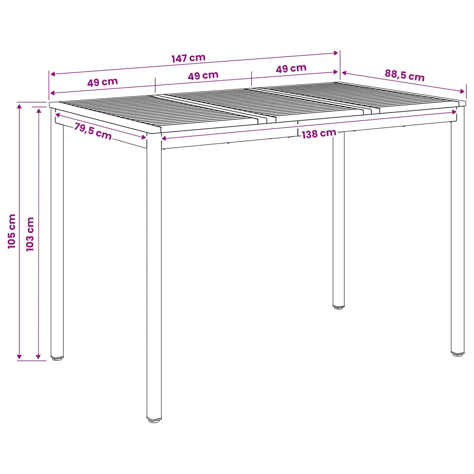 Bemaßte Zeichnung eines rechteckigen Tisches mit Lamellentop und vier Beinen, mit folgenden Abmessungen: 147 cm Länge, 88,5 cm Breite und 103–105 cm Höhe.