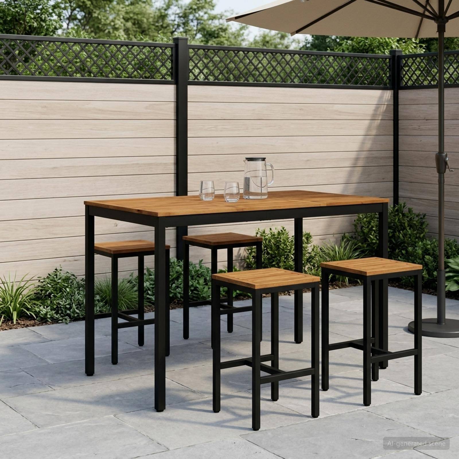 Gartenset für Terrassendining mit einem Holztisch, vier Hockern und einem Terrassenschirm auf einer gepflasterten Terrasse neben einem Sichtschutzzaun.