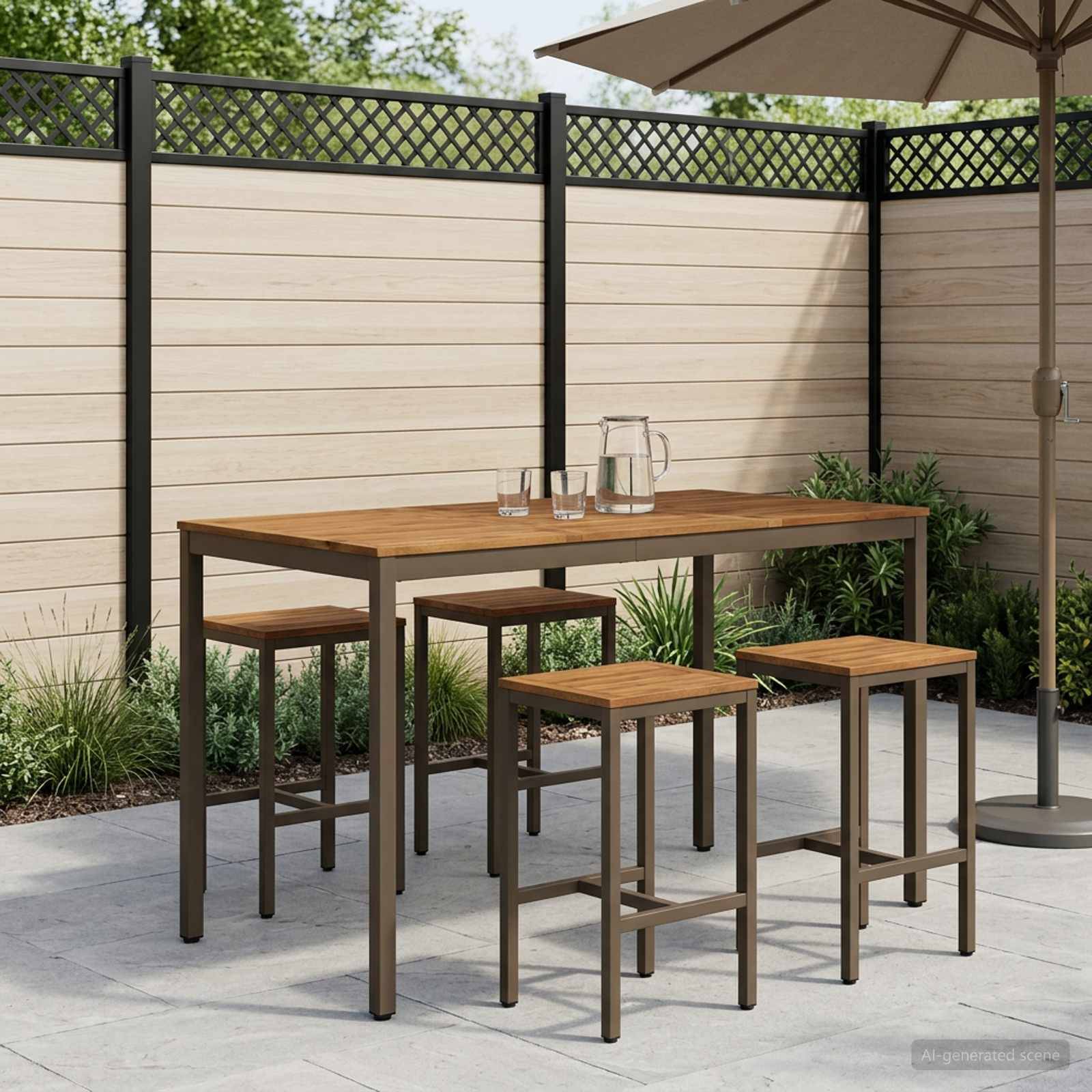 Outdoor-Essbereich mit rechteckigem Holztisch, vier Hockern und Schirm neben einem Sichtschutzzaun und Pflanzen.
