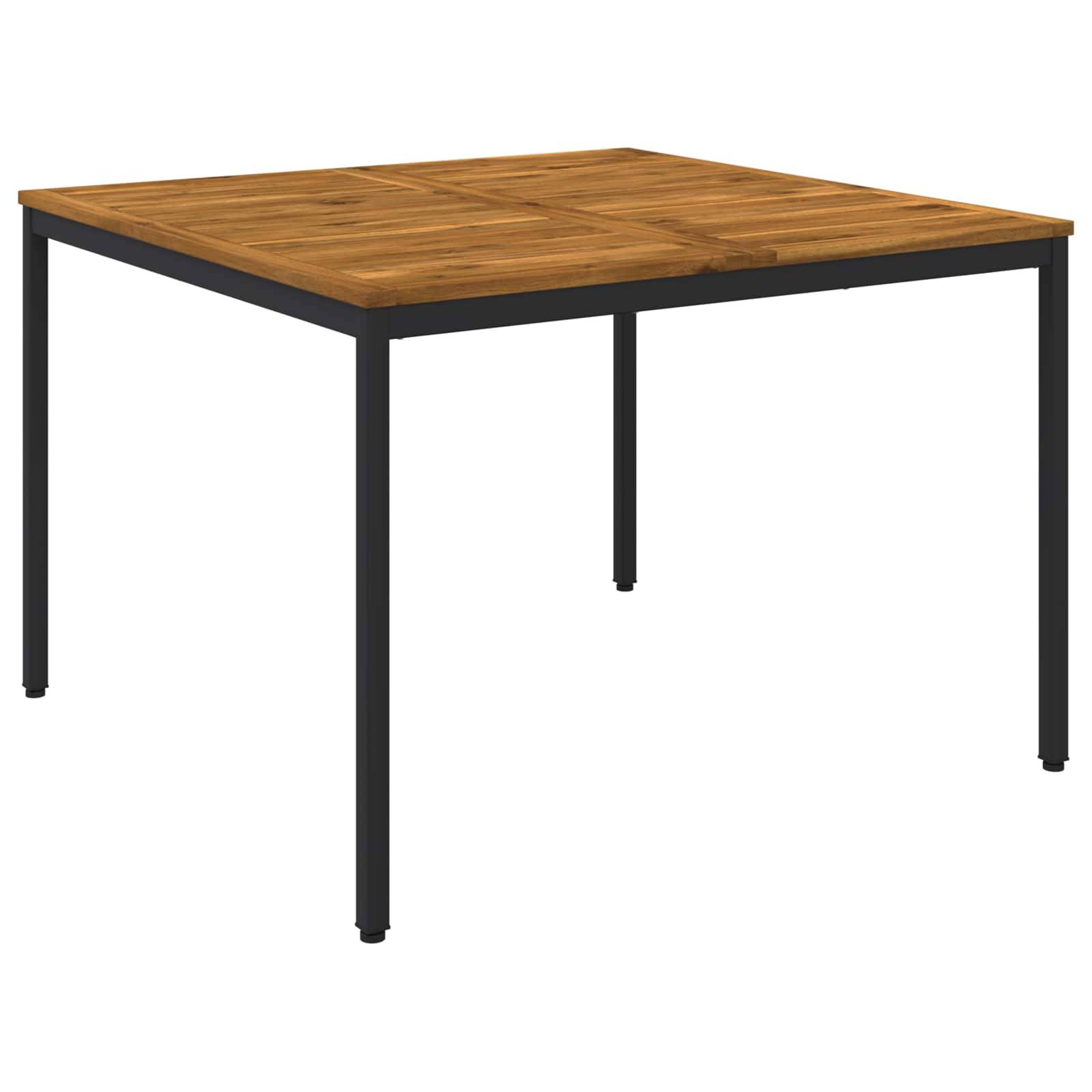 Quadratische Holztischplatte mit schwarzen Metallbeinen, auf weißem Hintergrund abgebildet.
