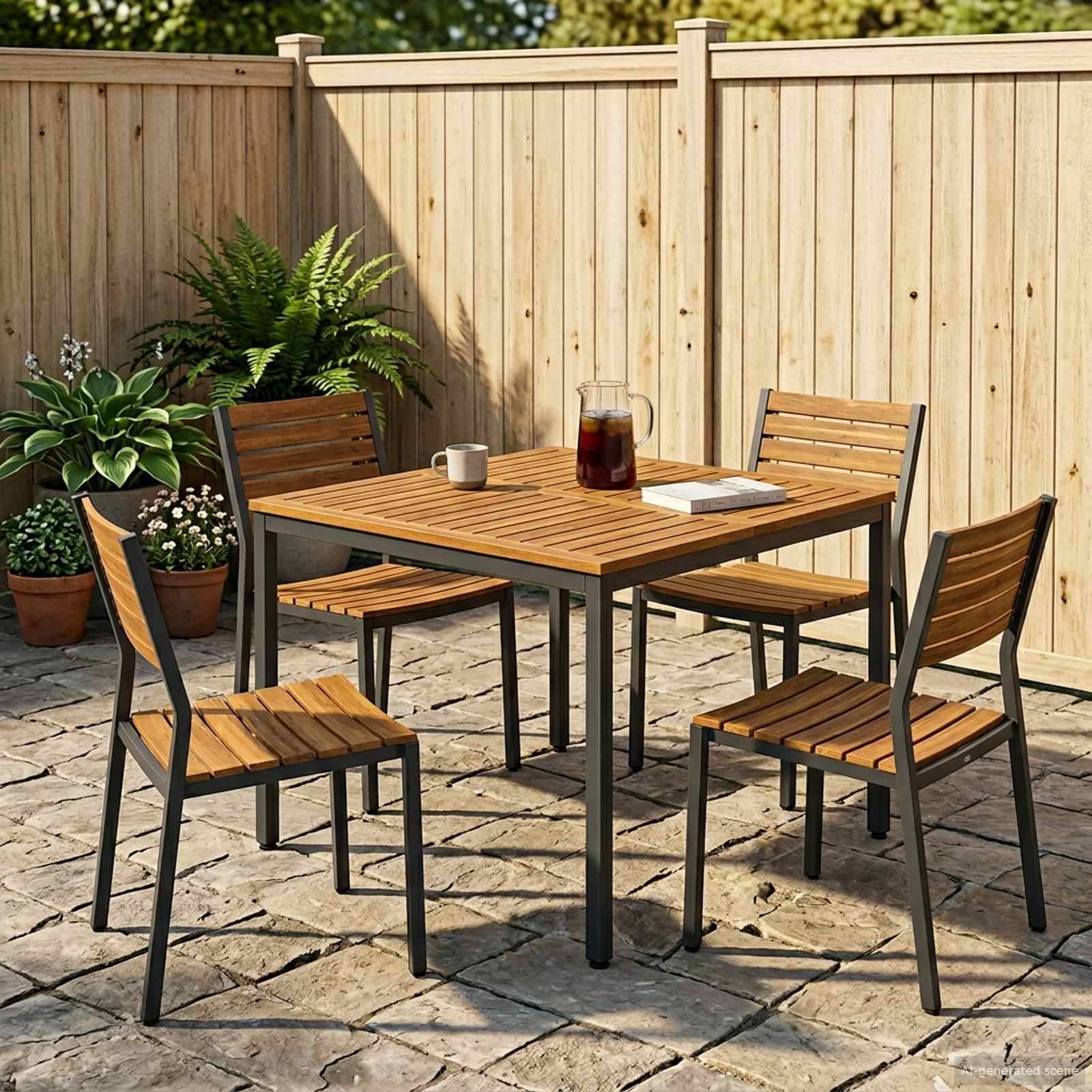 Outdoor-Terrassenmöbelset mit vier Stühlen um einen quadratischen Holztisch herum, mit einem Krug, einer Tasse und einem Buch oben drauf, neben Topfpflanzen und einem Holzzaun.