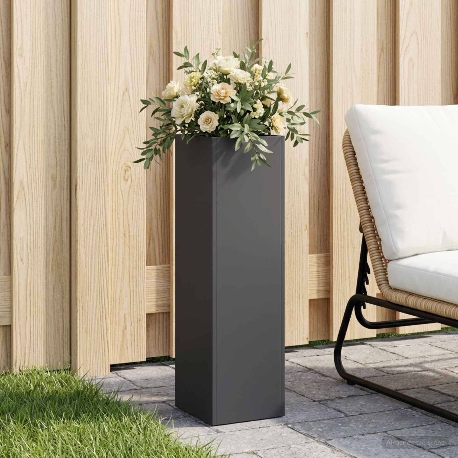 Großer dunkler Pflanzkübel mit weißen Blüten und Grünpflanzen neben einem Outdoor-Liegestuhl auf einer gepflasterten Terrasse, vor einem hellem Holzzaun.
