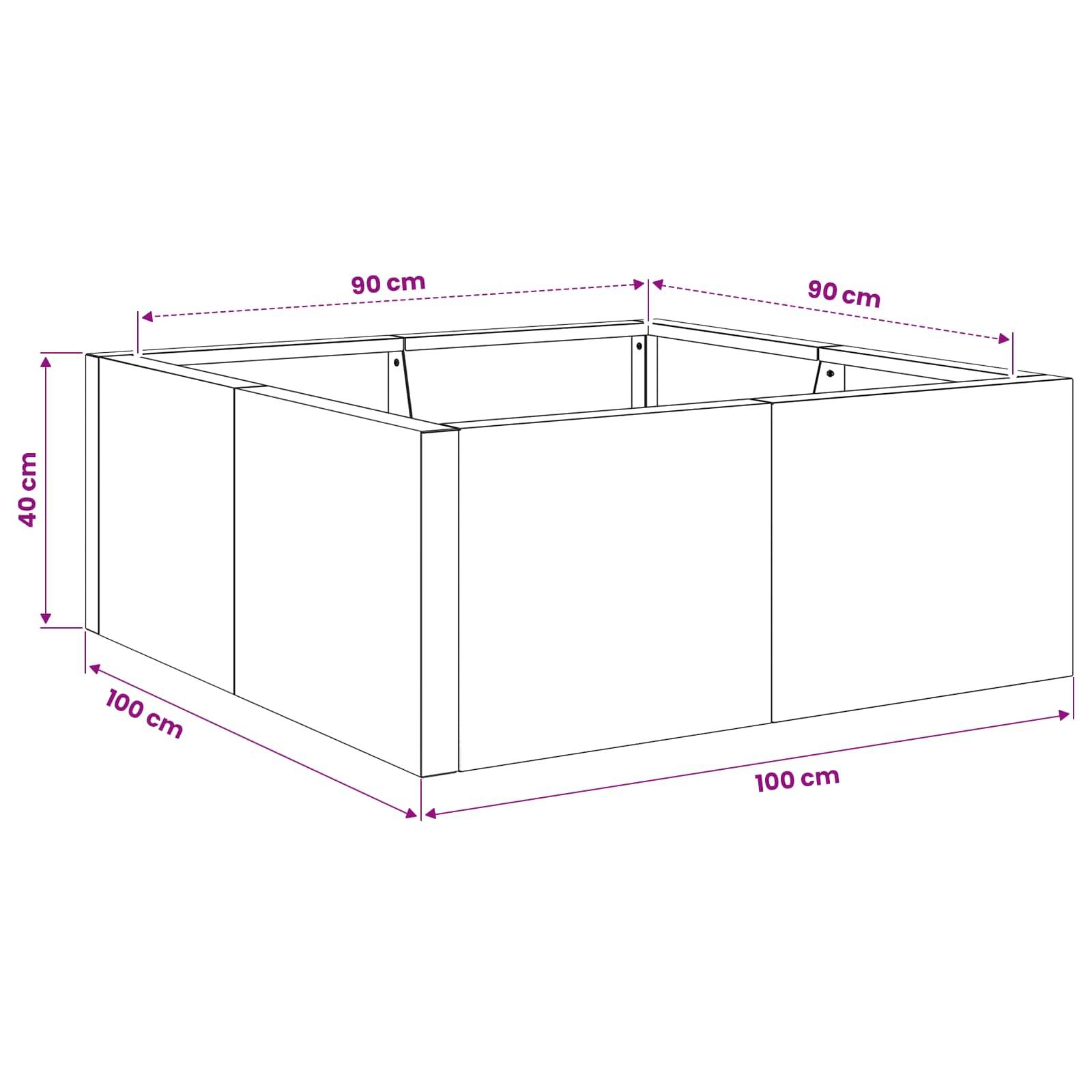 Diagramm einer quadratischen Pflanzkasten mit Abmessungen: 100 cm breit, 100 cm tief, 40 cm hoch und 90 cm innere Öffnung an der Oberseite auf jeder Seite.