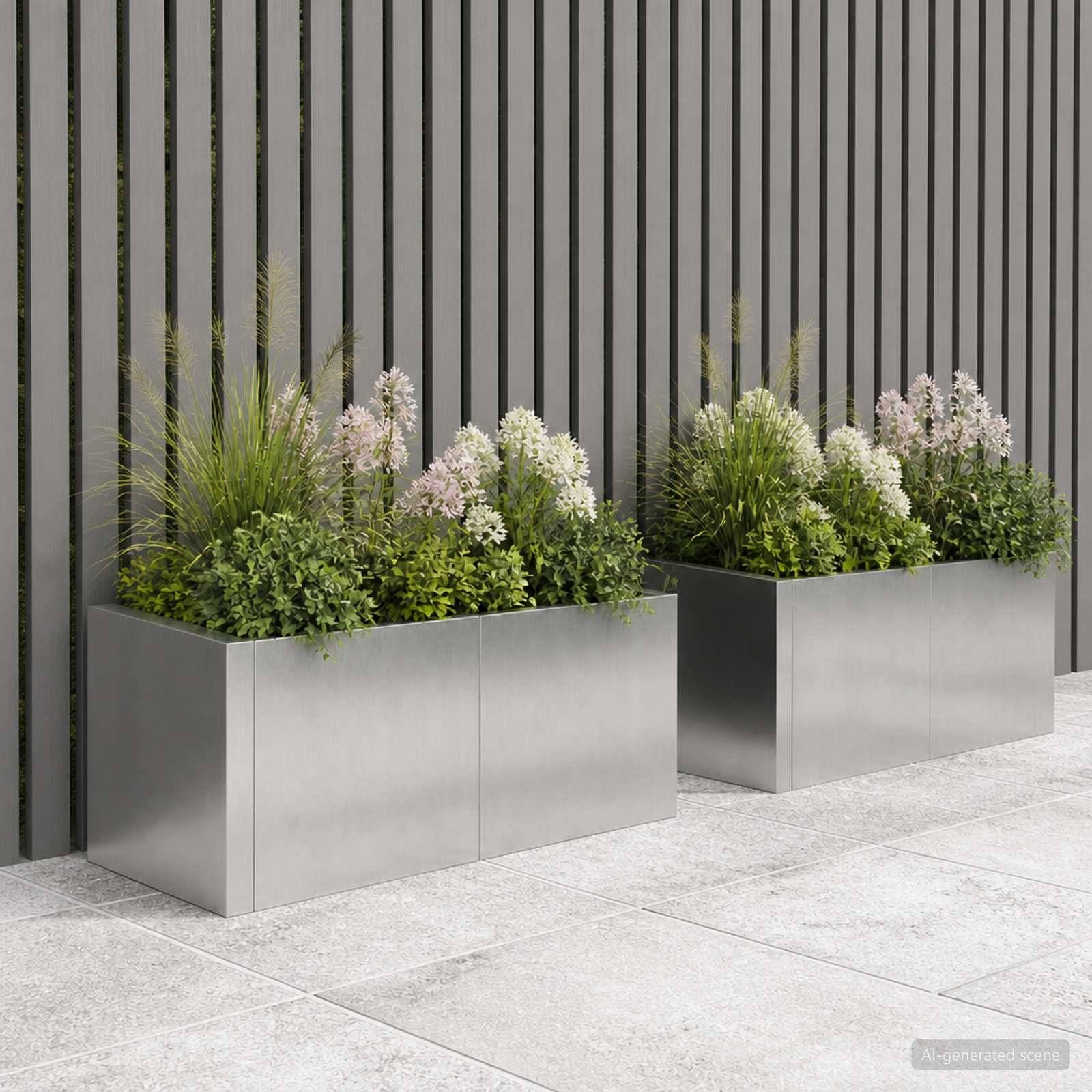 Zwei Edelstahl-Blumenkästen mit grünen Sträuchern und weißen Blüten vor einer vertikalen Latten­wand auf einer gefliesten Terrasse.