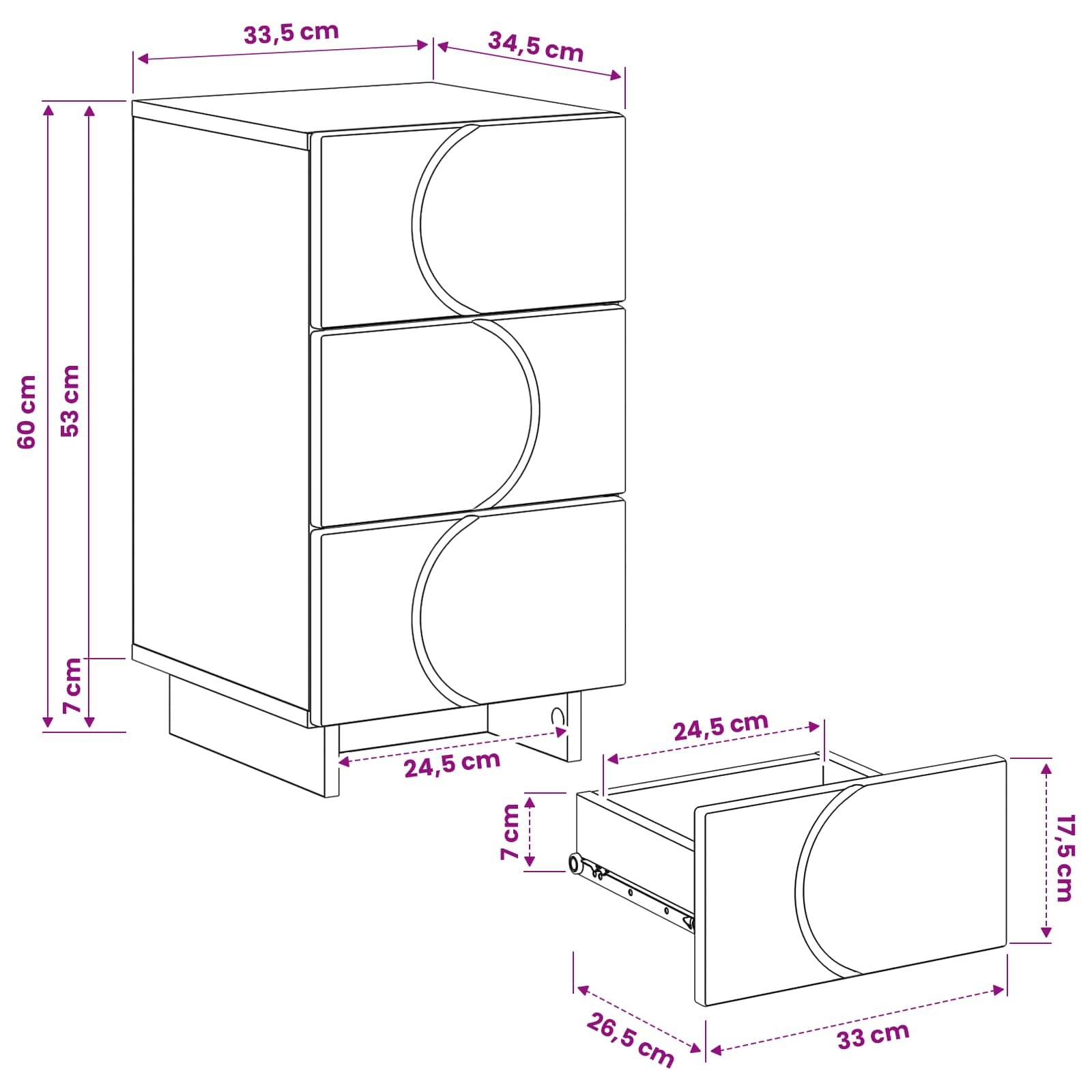 Technische Zeichnung eines kleinen Dreischubkastens mit Abmessungen in cm, einschließlich Schrankhöhe 60 cm und Schubkasteneinheit Größe 33 x 34,5 cm, mit einer eingefügten Ansicht eines offenen Schubkastens.