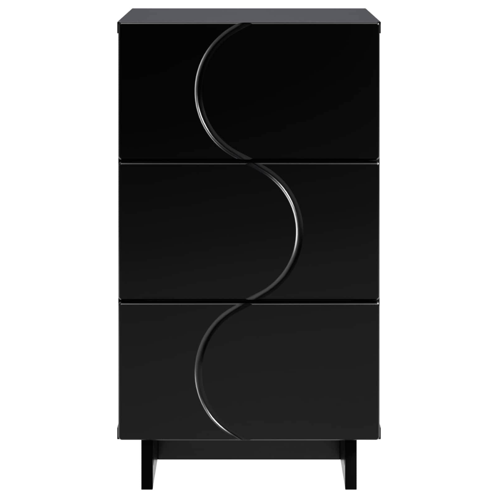 Schwarzer dreiteiliger Schrank mit gebogenem S-förmigem Frontdesign und kurzen Beinen, dargestellt auf weißem Hintergrund.