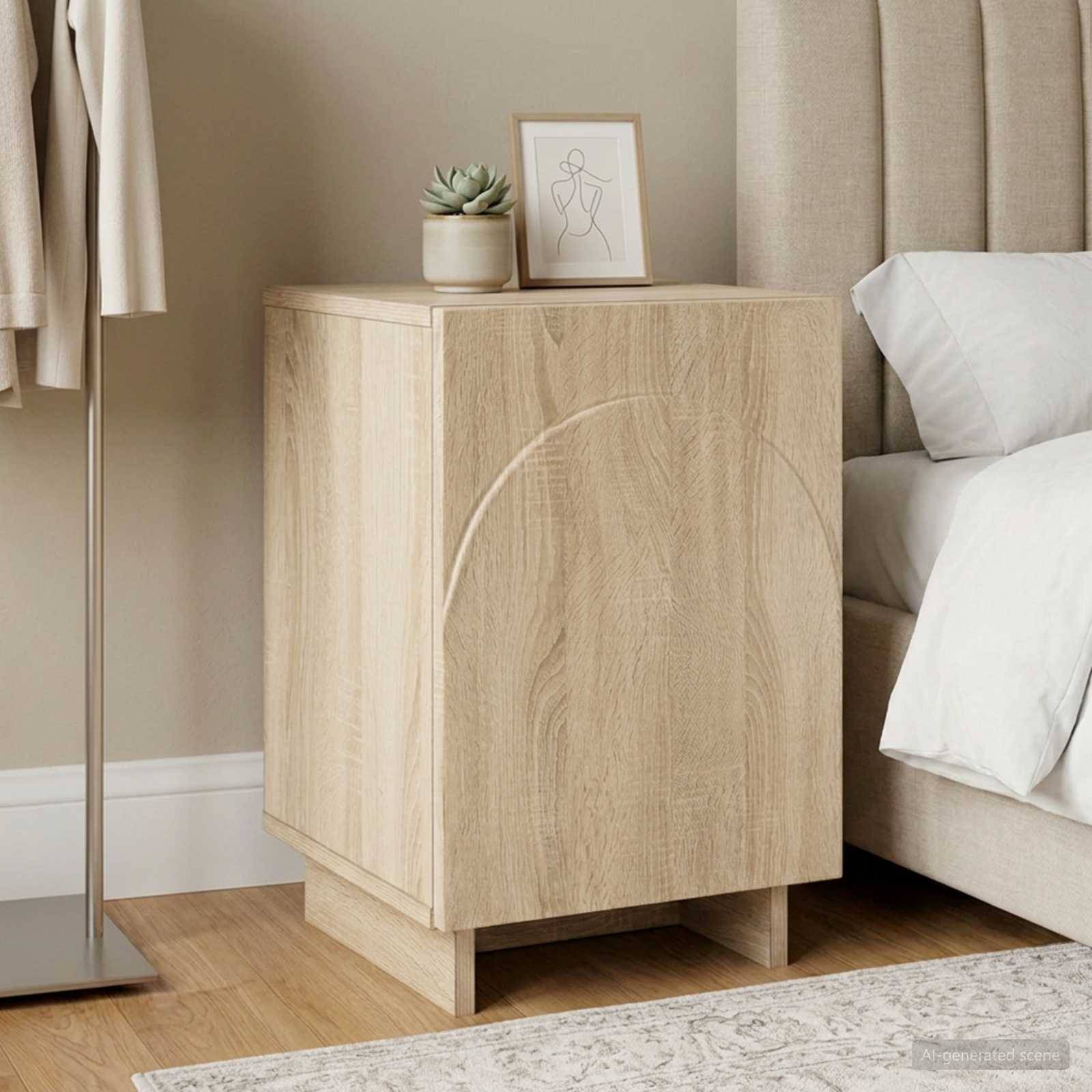 Helles Holznachttischchen neben einem Bett, oben mit einer kleinen Pflanze und einer gerahmten Strichzeichnung in einem neutralen Schlafzimmer.