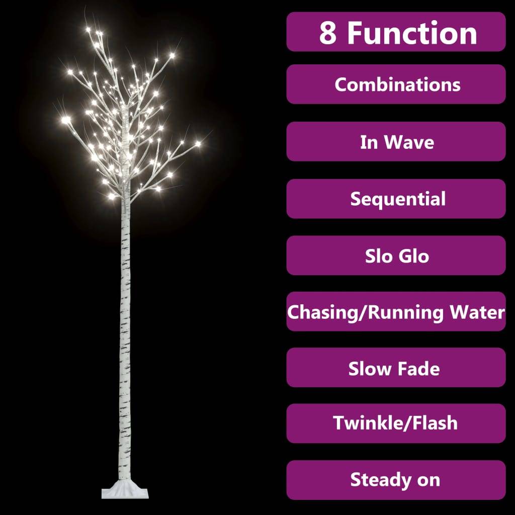 Beleuchteter dekorativer Baum mit 8 Funktionen: Kombinationen, Welle, Sequenziell, langsames Glimmen, fließendes Licht, langsames Ausblenden, Flackern/Blinken, durchgehend an.