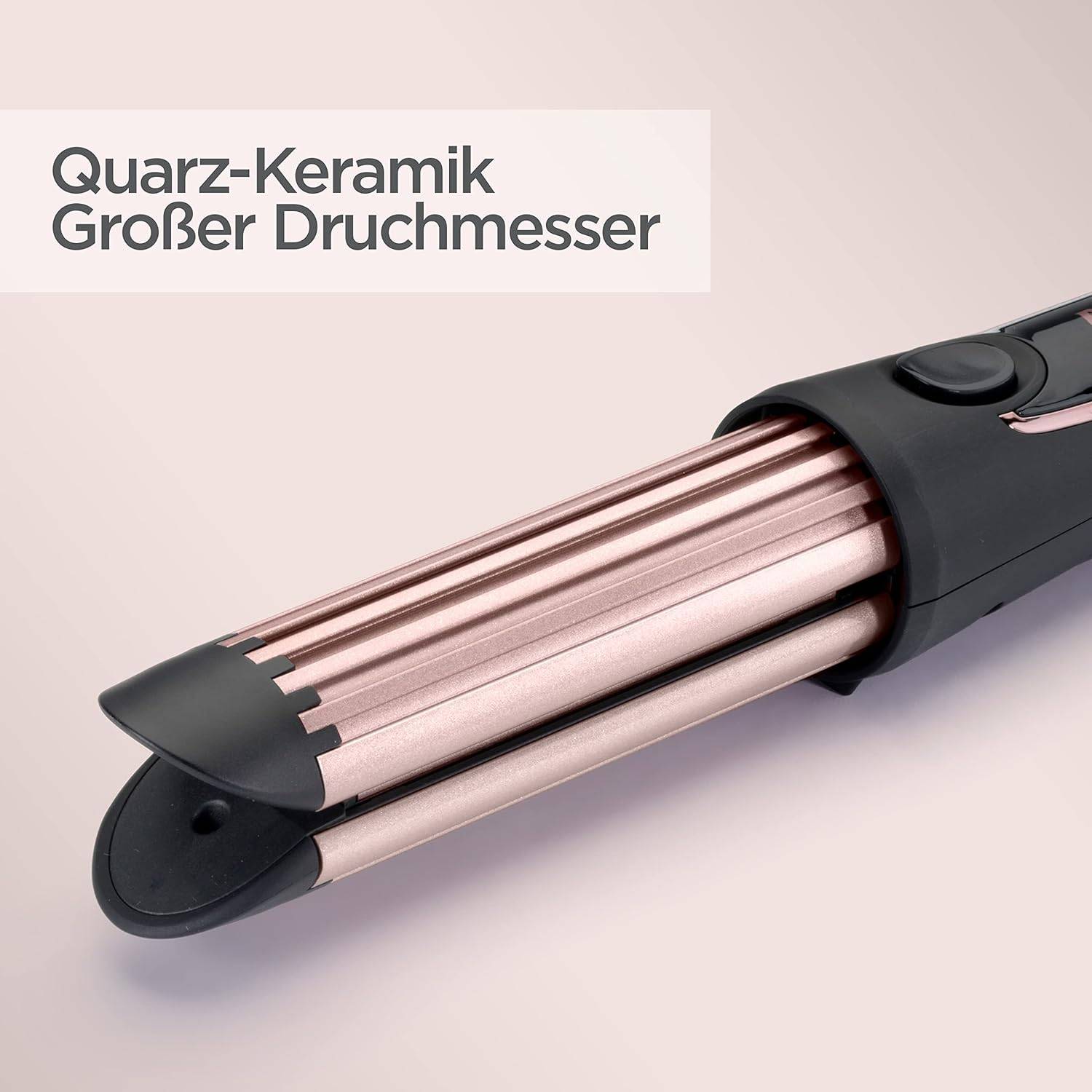 Haarstyling-Werkzeug mit roségold Quarz-Keramik-Fässern und schwarzem Griff; Text lautet „Quarz-Keramik Großer Durchmesser