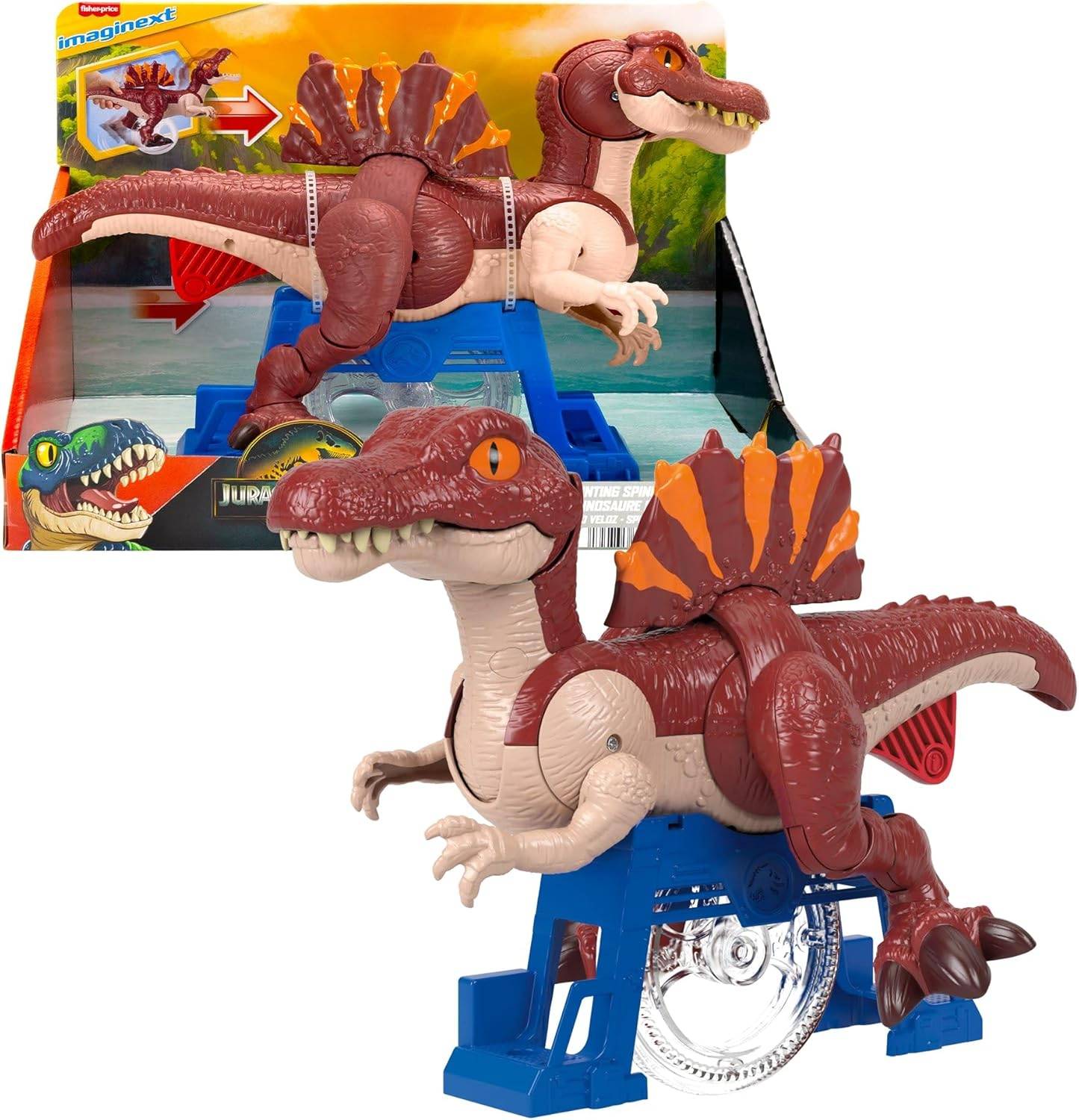 Spielzeug-Dinosaurierfigur mit Rädern und einem blauen Ständer, shown in front of its packaging box.