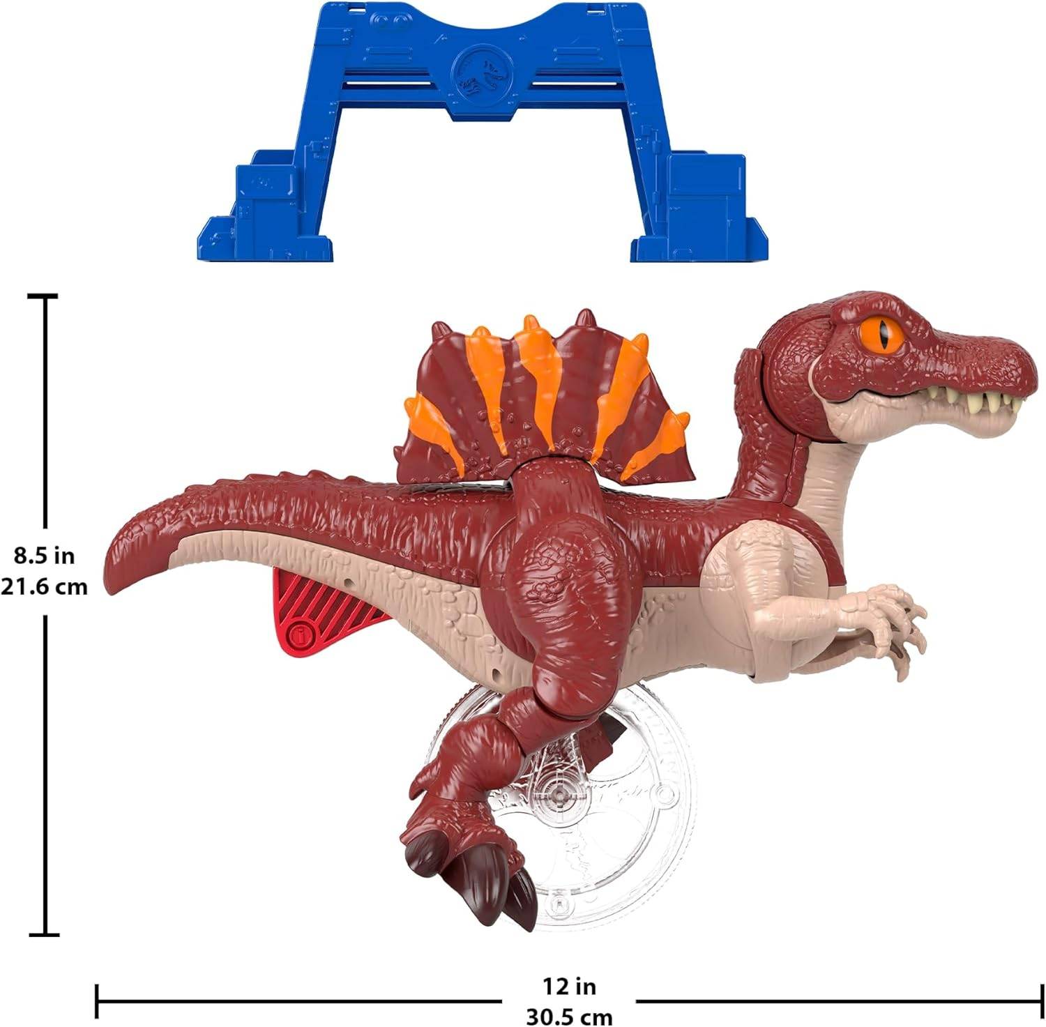 Spielzeug-Dinosaurierfigur in Profilansicht mit blauem Präsentationsständer, mit gekennzeichneten Abmessungen von 8,5 Zoll Höhe und 12 Zoll Länge.
