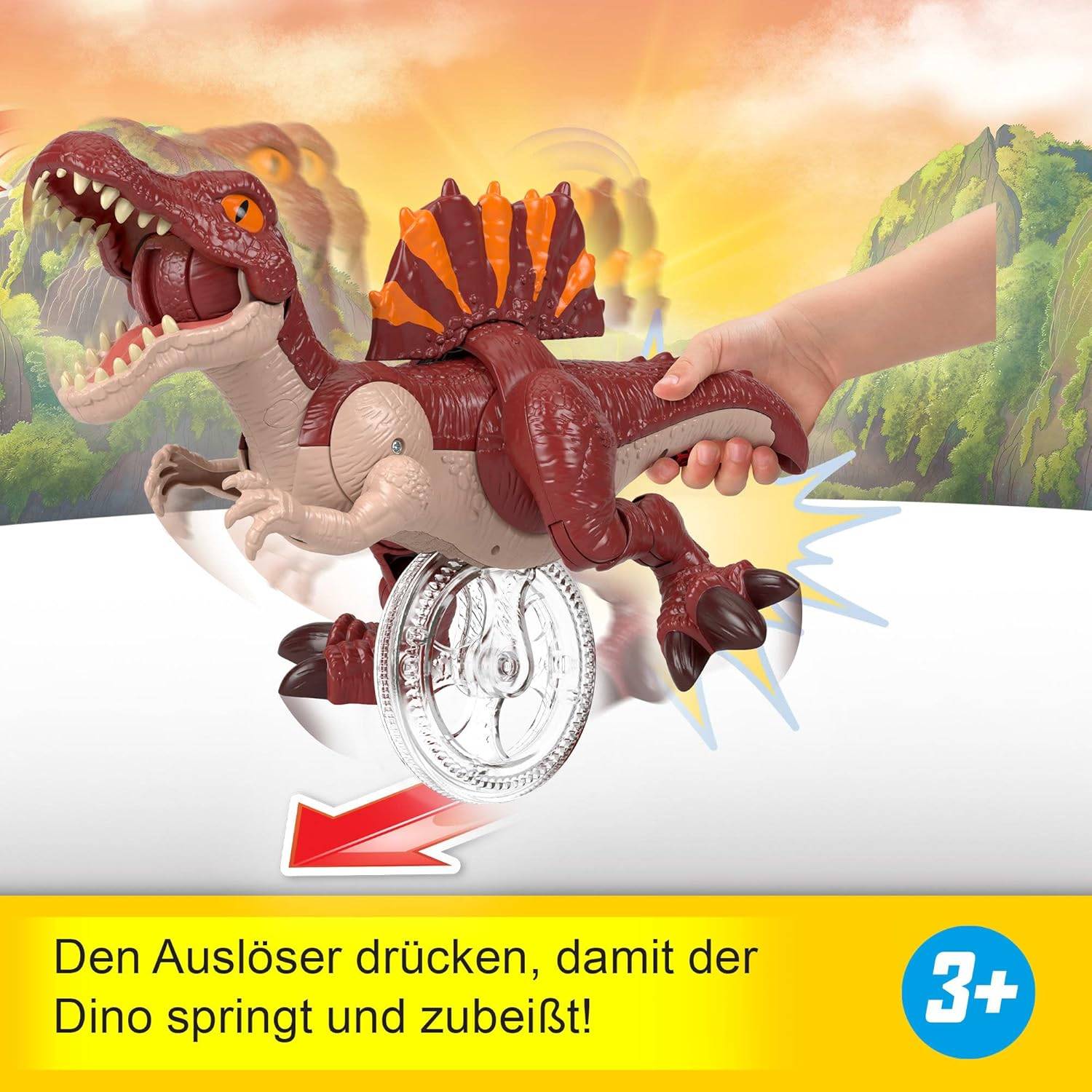 Drücke den Auslöser, damit der Dino springt und beißt! (3+)