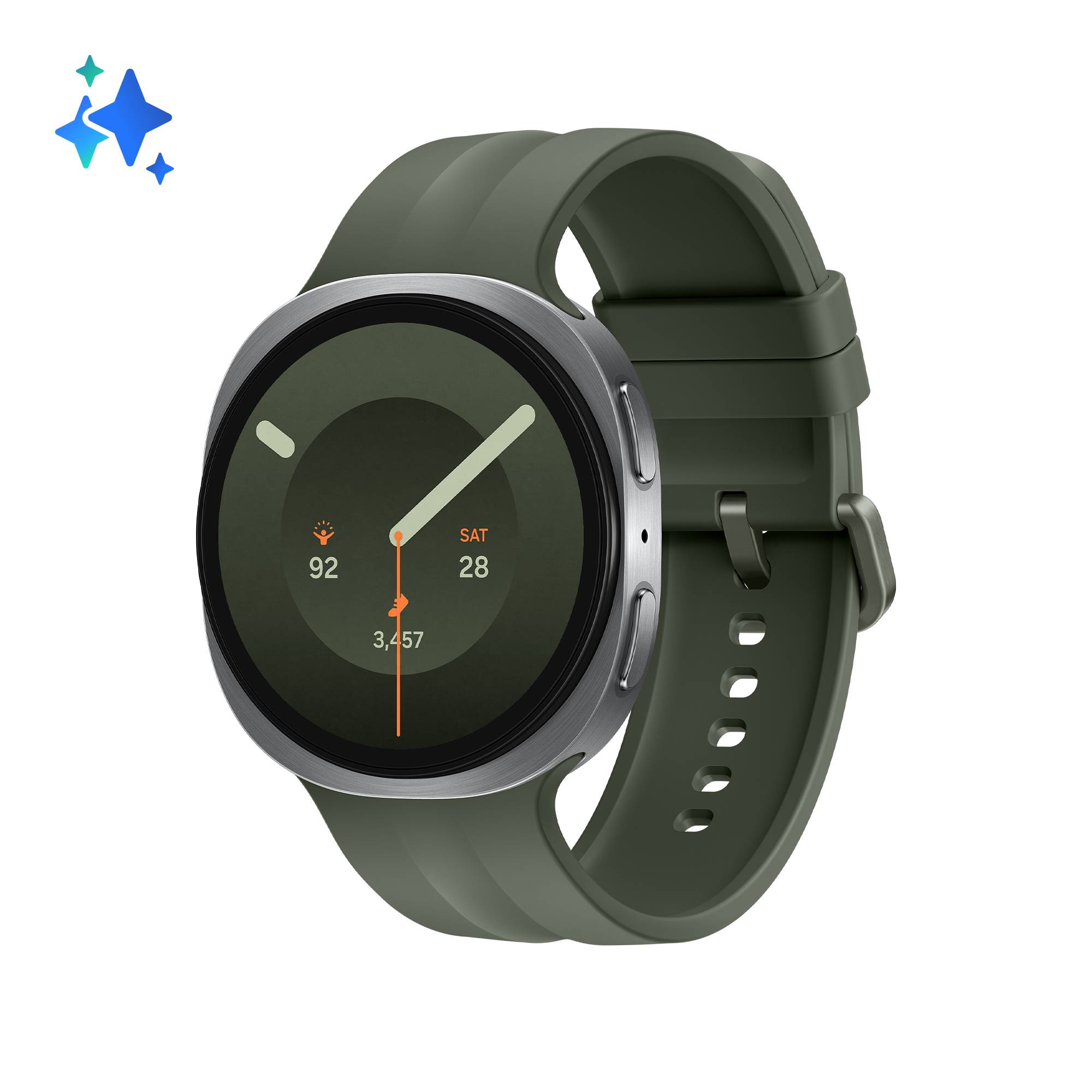 Grüne runde Smartwatch mit olivefarbenem Silikonarmband, die ein digitales Zifferblatt mit Schritten, Herzfrequenz und Datum auf weißem Hintergrund anzeigt.