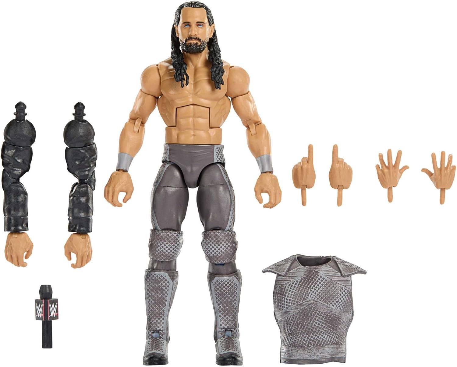 WWE-Actionfigur im Stil gezeigt mit zusätzlichen austauschbaren Händen, Armen, Mikrofon und Mesh-Hemd-Zubehör, die um die Figur auf weißem Hintergrund angeordnet sind.