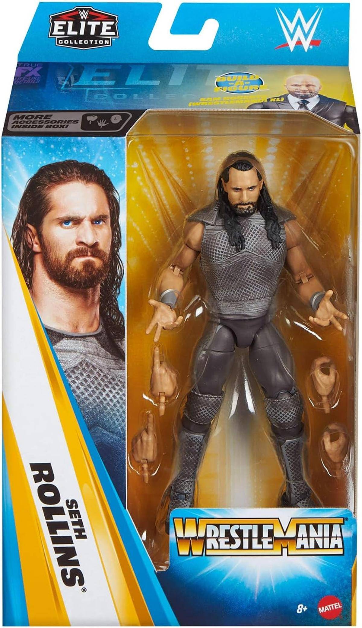 WWE Elite Collection Seth Rollins Actionfigur in WrestleMania-Verpackung, gezeigt in der Box mit Charakterfoto und Logo.