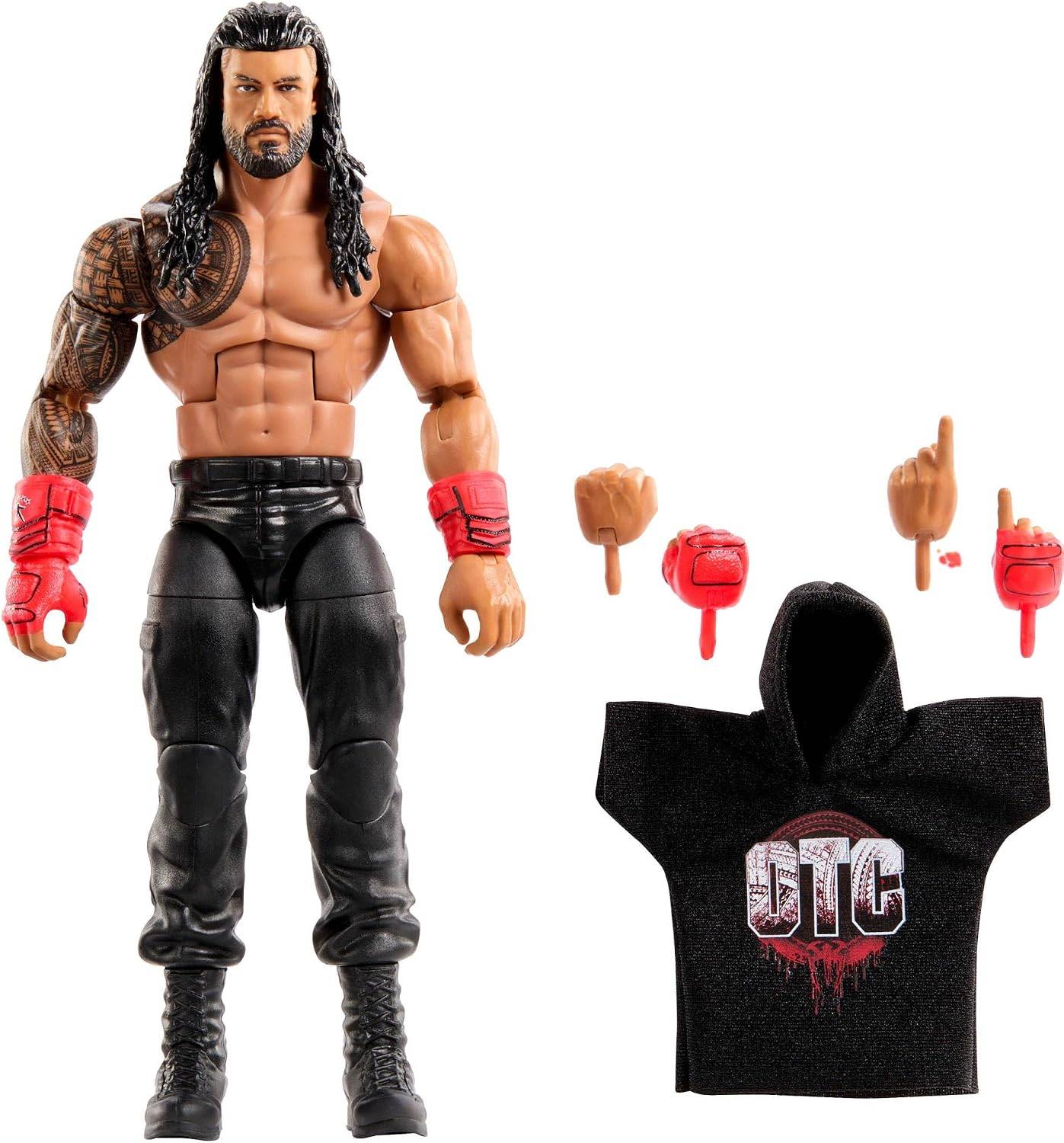 Actionfigur eines hemdlosen Ringers mit langem schwarzem Haar, tätowiertem Arm, roten Handschuhen und schwarzer Hose, gezeigt mit austauschbaren Händen und einem schwarzen 