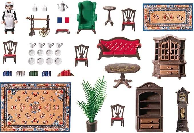 Collage aus Miniatur-Puppenhasmöbeln und Dekoration: Stühle, Tische, Sofa, Schrank, Bücherregal, Uhr, Teppich, Pflanze, Geschirr und eine Spielfigur auf weißem Hintergrund.