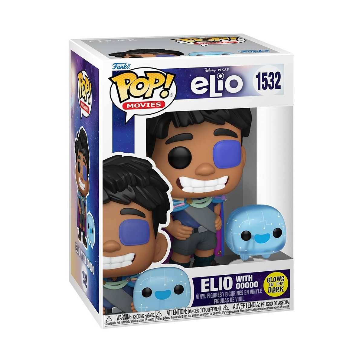 Funko Pop! Movies 'Elio' Vinyl-Figur in einer Box, Nummer 1532, mit einem leuchtenden blauen außerirdischen Begleiter auf der Vorderseite abgebildet.