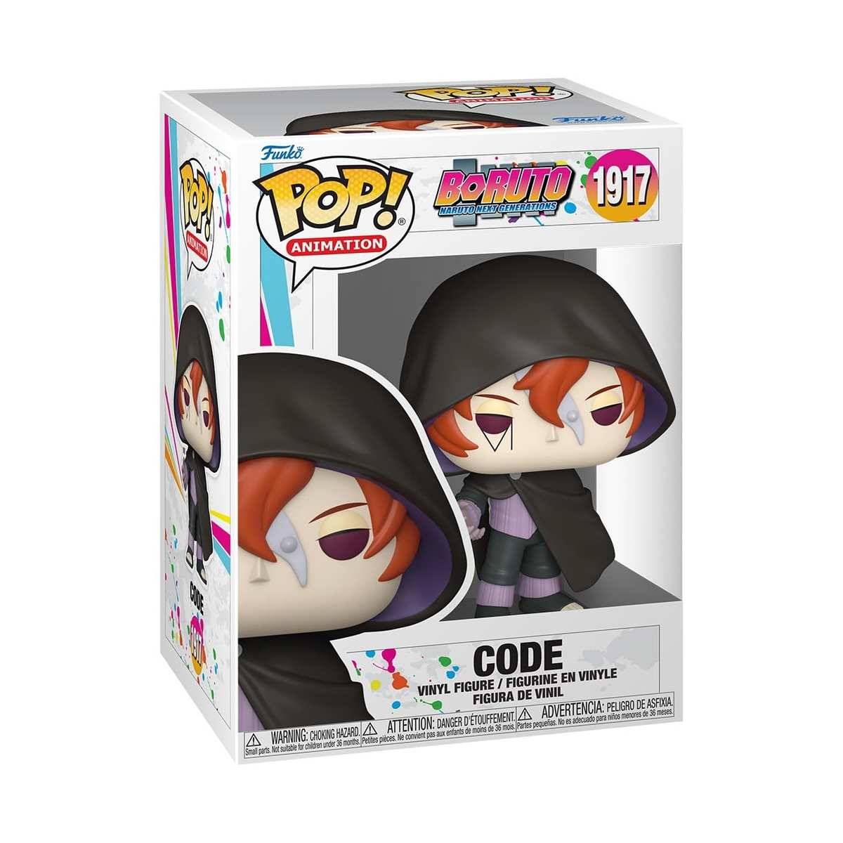 Funko Pop! Animation 'Boruto' Vinyl-Figur in der Box, die einen kapuzentragenden rothaarigen Charakter mit der Bezeichnung 'Code' und der Nummer 1917 zeigt.