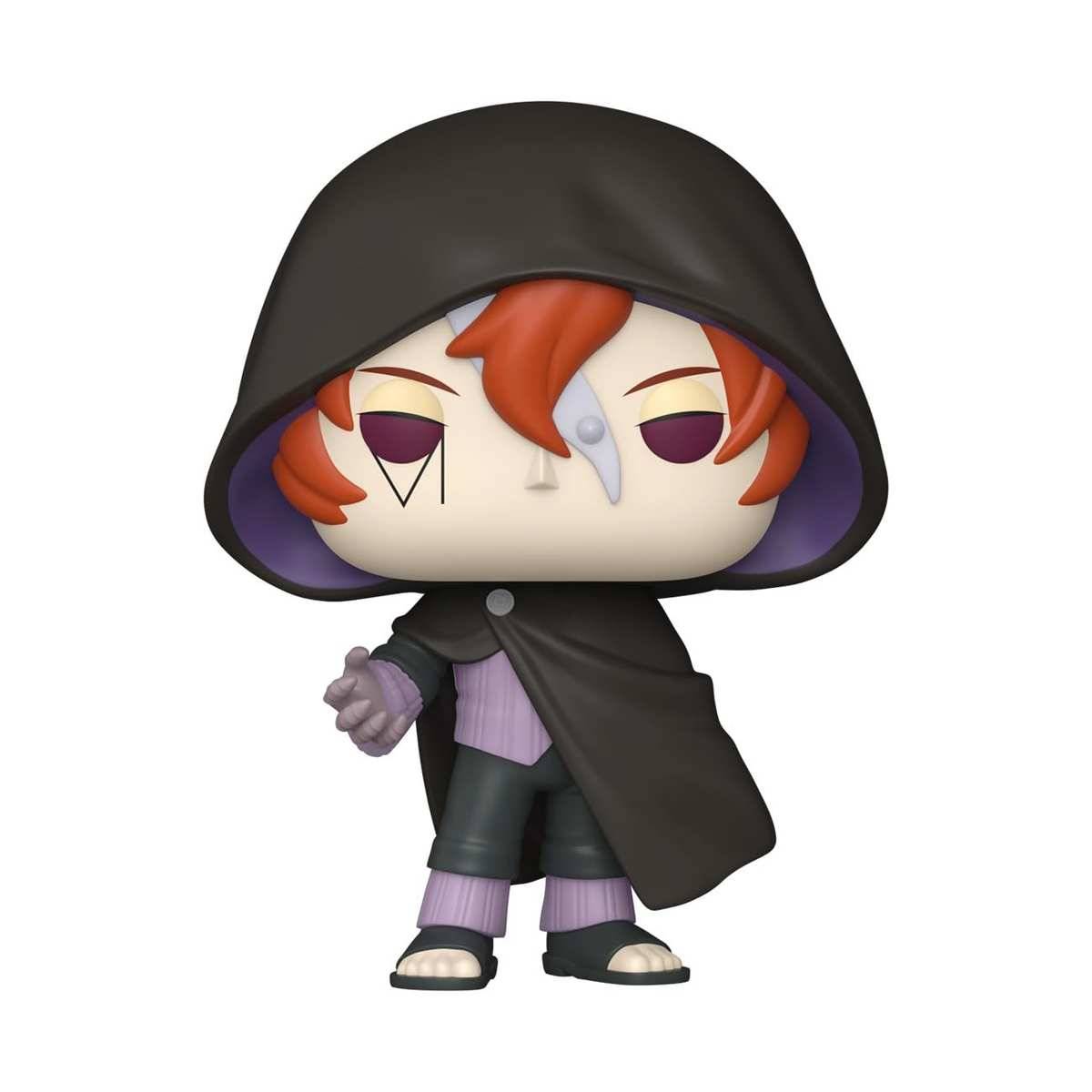 Stilisierte Kapuzenfigur mit orangem Haar, violetten Augen, schwarzem Umhang und dunklem Outfit, das vor einem einfachen weißen Hintergrund steht.