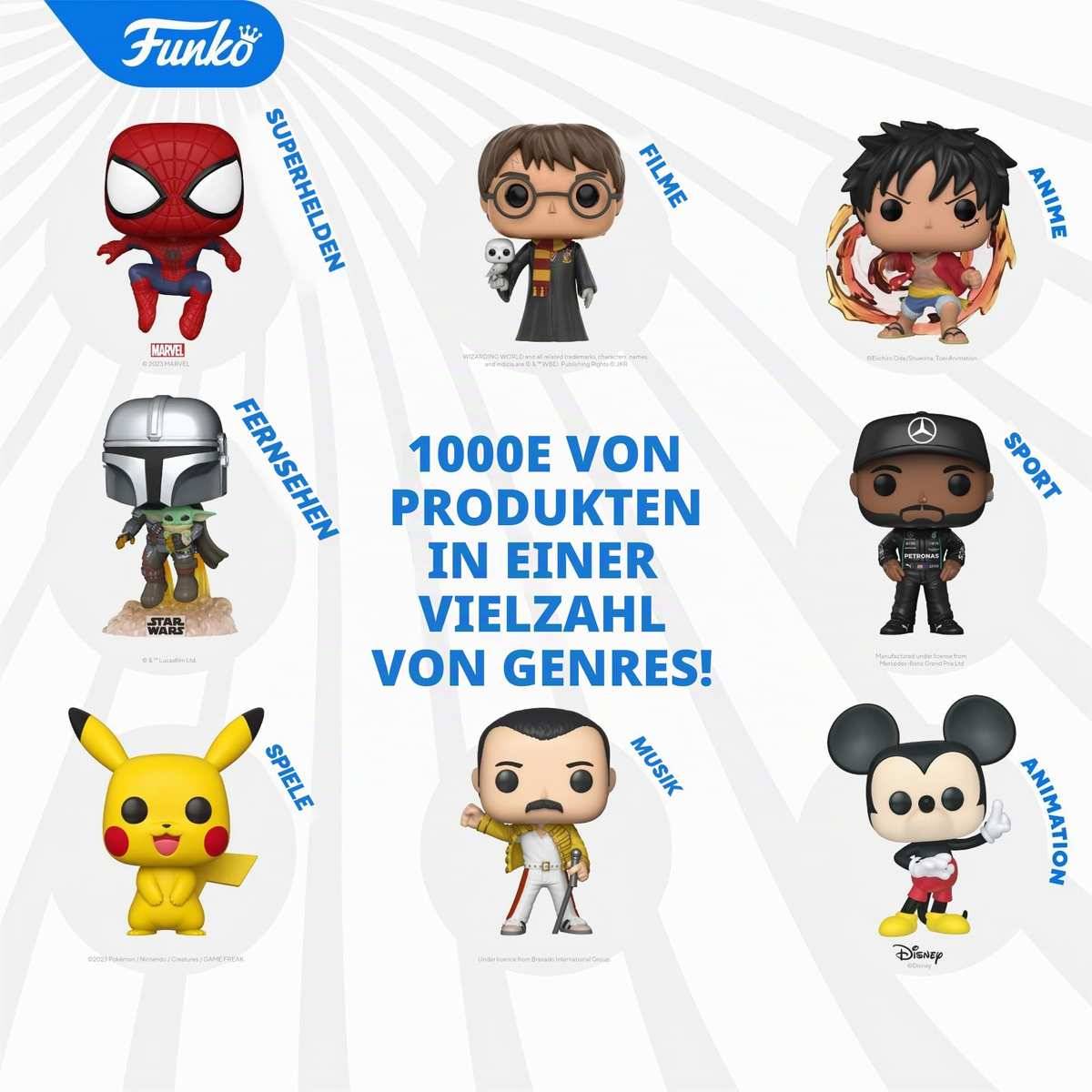 Funko Figuren aus Genres wie Superheld, Film, Anime, TV, Sport, Spiele und Musik, mit dem Text „1000E VON PRODUKTEN IN EINER VIELZAHL VON GENRES!