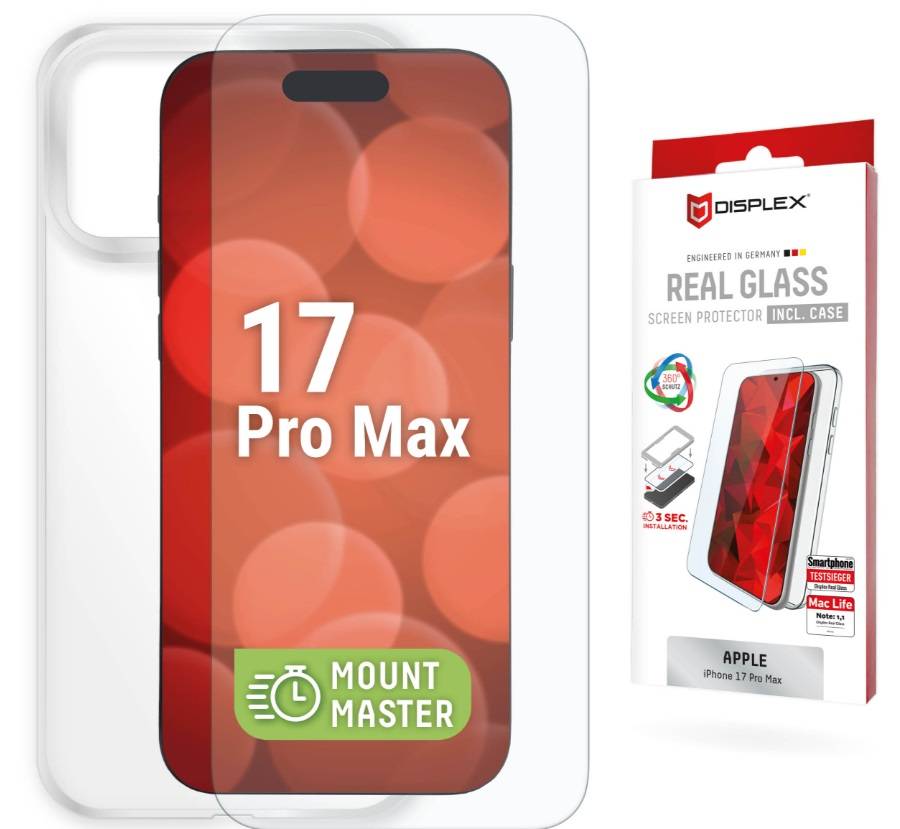 Displayschutz für iPhone 17 Pro Max wird mit Schutzhülle gezeigt, daneben Produktverpackung mit der Bezeichnung „REAL GLASS