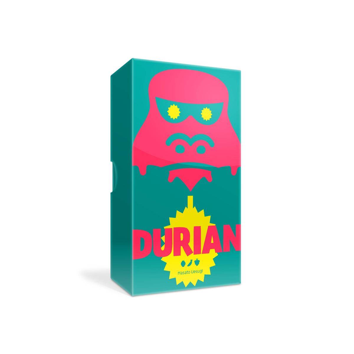 Eine türkise Produktverpackung mit einem stilisierten rosa Durian-Gesicht und dem Wort 