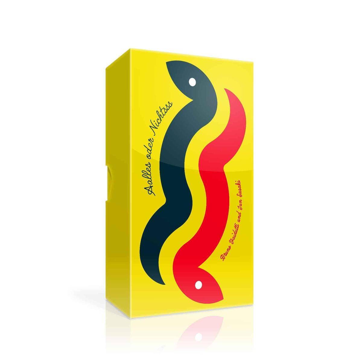 Gelbe Produktschachtel mit zwei stilisierten fischähnlichen Formen, eine blau und eine rot, mit dem Text 