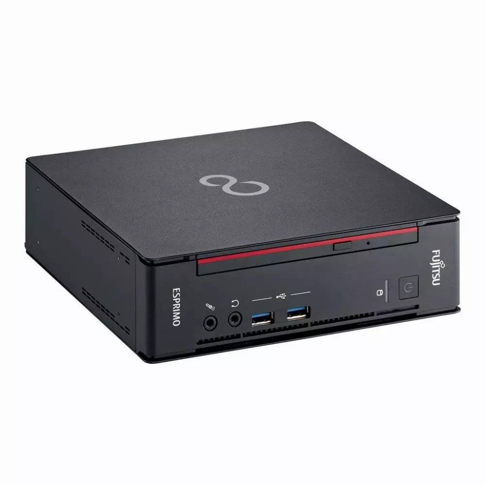 Schwarzer Fujitsu Esprimo Mini-Desktop-PC mit USB-Anschlüssen an der Vorderseite, Audio-Buchsen, Power-Taste und rotem Akzentstreifen.