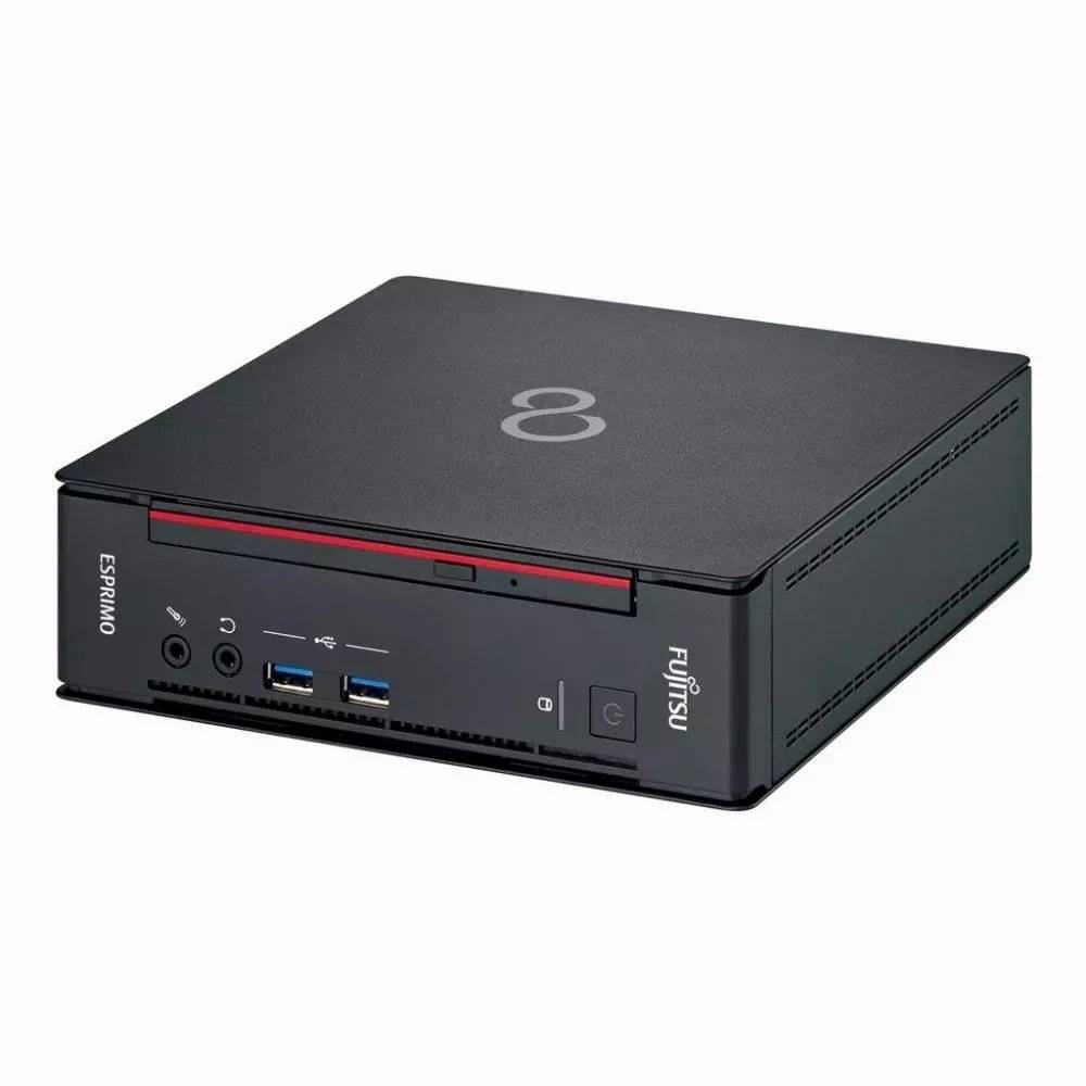 Kompakter schwarzer Fujitsu Esprimo Mini-Desktop-Computer mit USB-Anschlüssen an der Vorderseite, Audio-Buchsen, Ein-/Ausschalter und rotes Akzentband an der Vorderseite.