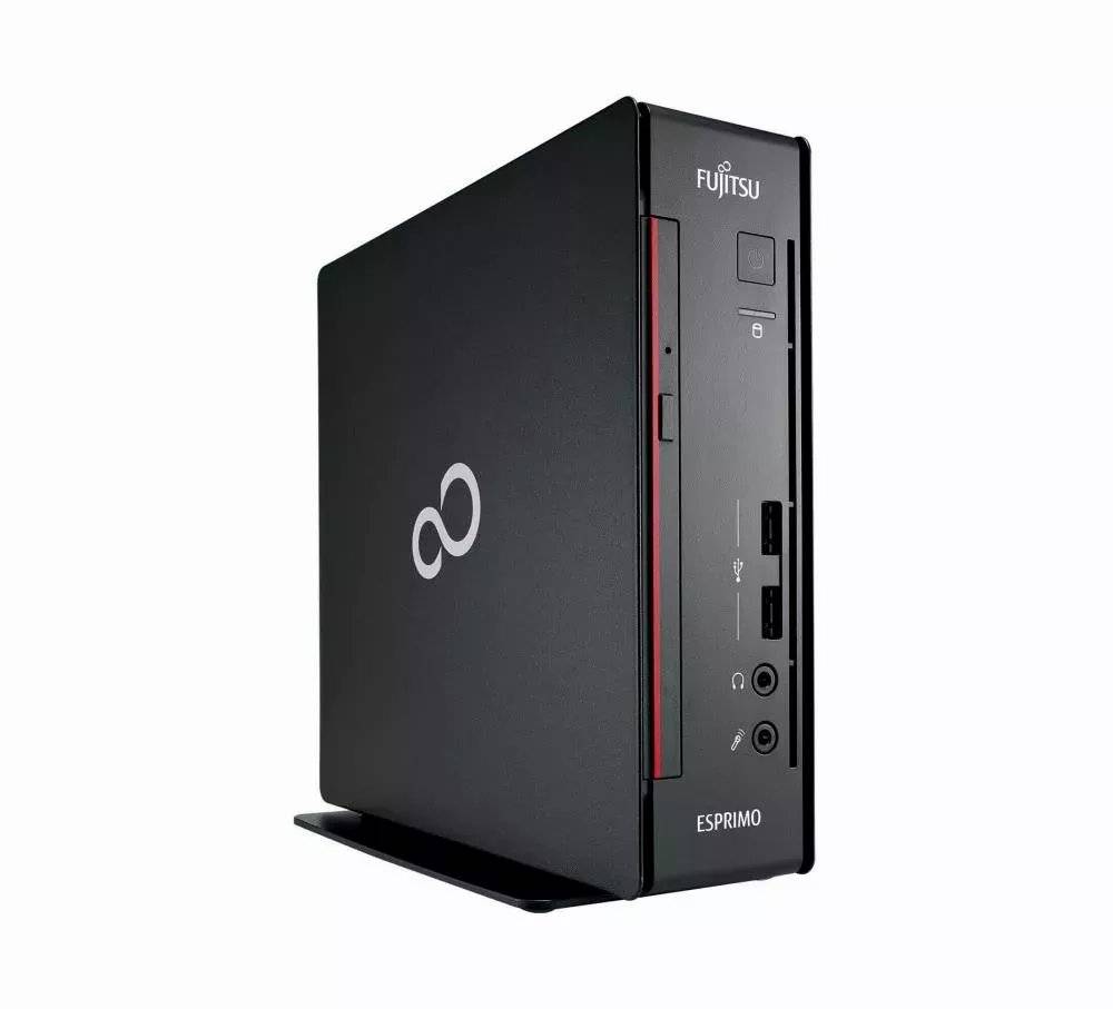 Kompakter Fujitsu ESPRIMO Desktop-Computer-Turm, schwarz mit USB-, Kopfhörer- und Stromanschlüssen vorne auf weißem Hintergrund.